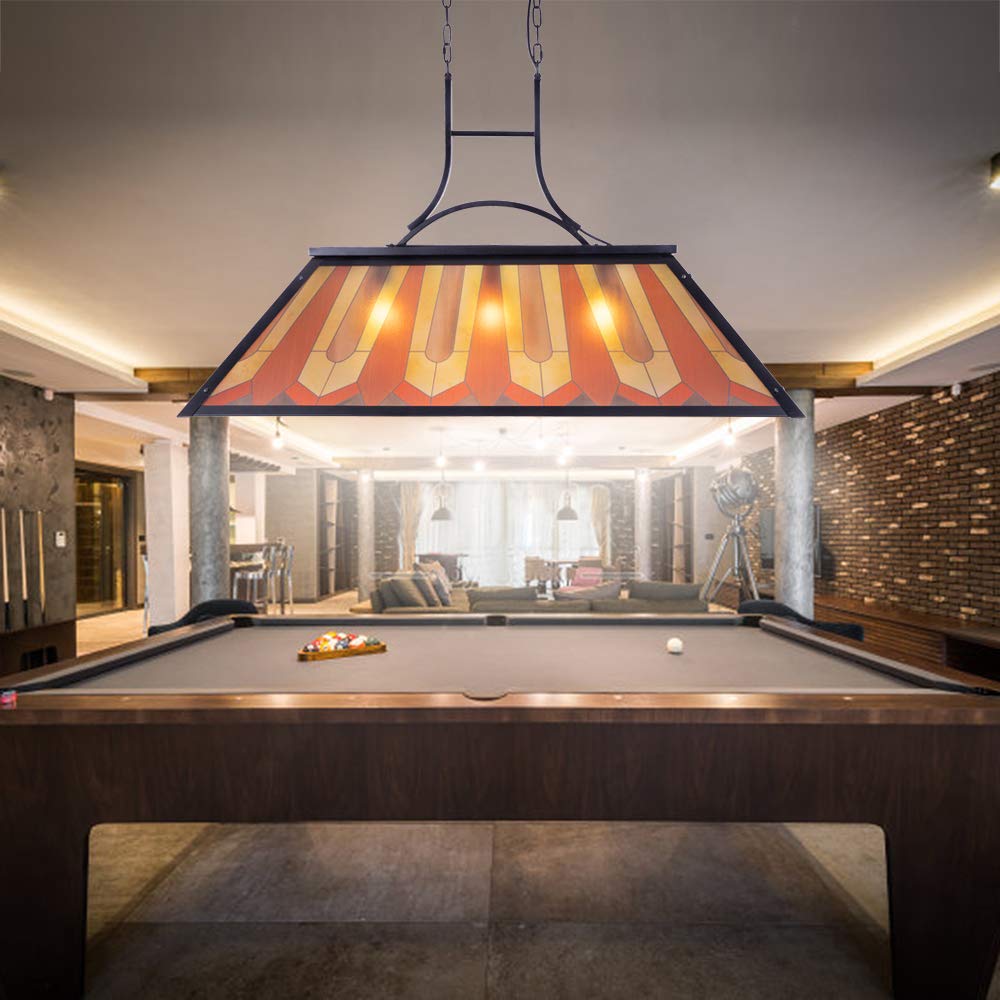 Wellmet Tiffany Style Pool Table Lamp, 3-Light Vintage Chandelier, Multicolor Lighting for 7' 8' 9' Game Room, Billiards & Man Cave