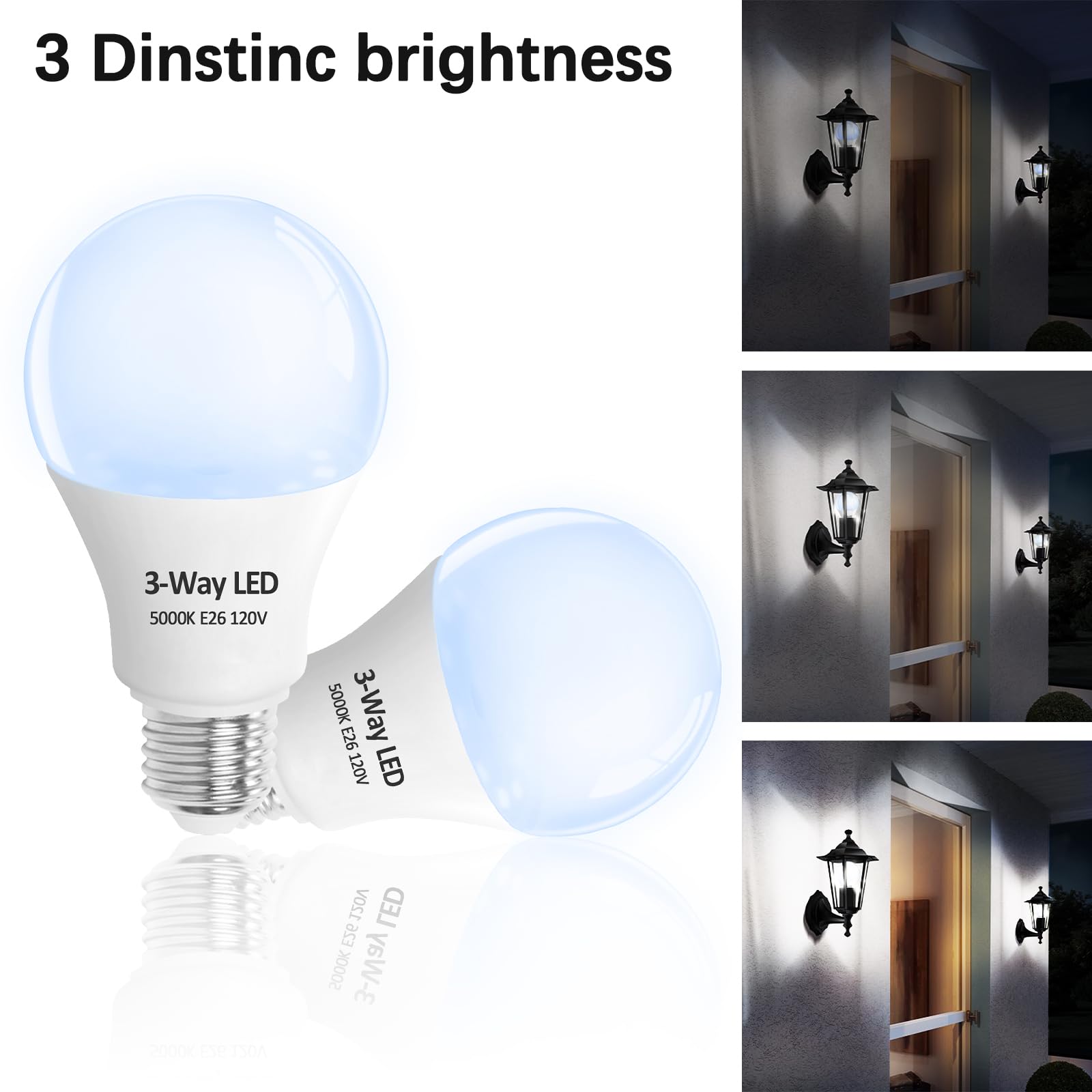 Wiyifada 3 Way Led Light Bulbs 4 Pack, 30 70 100 Watt Equivalent, Daylight 5000K A19 Light Bulbs E26 Base, Indoor 3-Way Light Bu