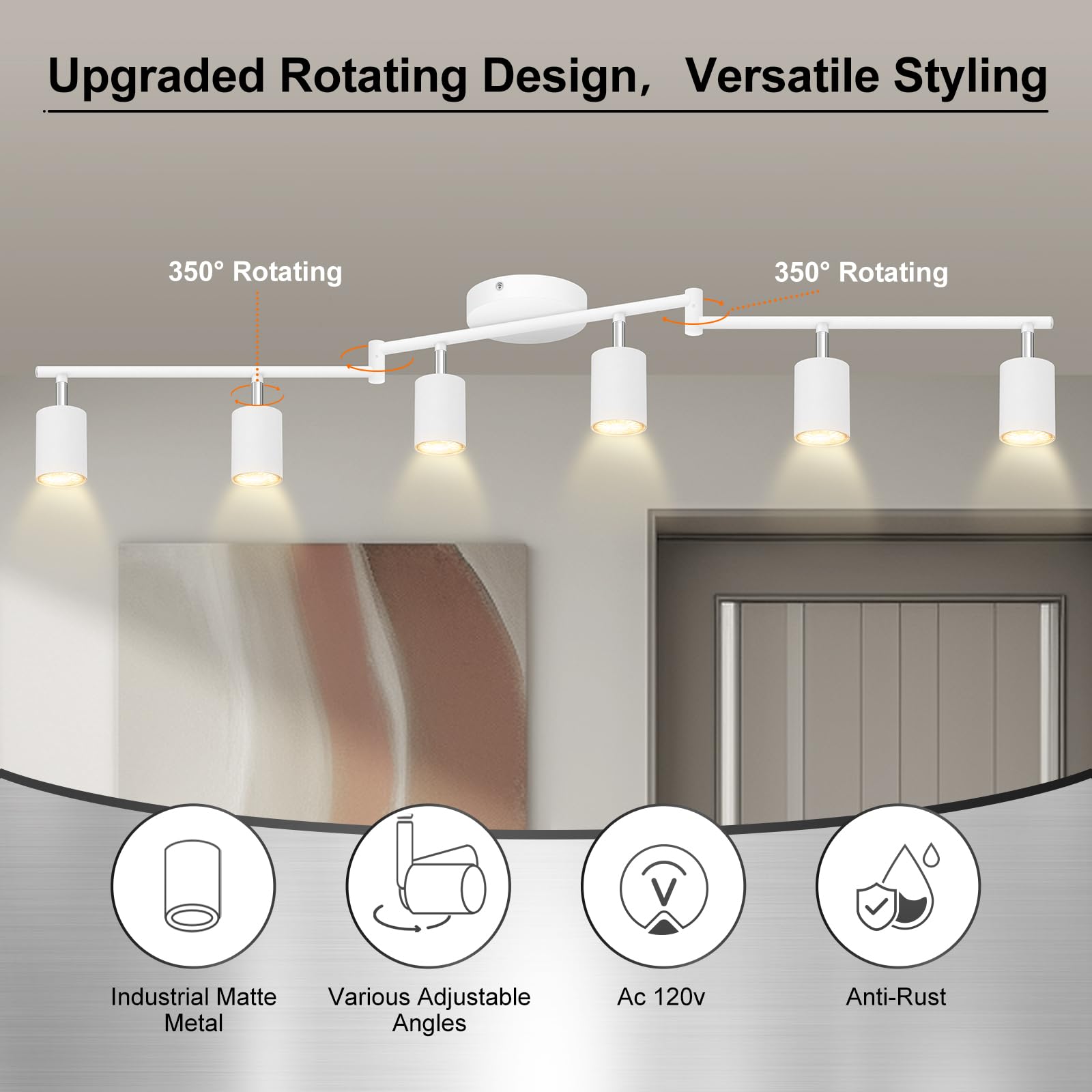 AUQUEE 6-Light Track Lighting Fixtures, Matte White, Rotatable Light Heads, Foldable Arms, Modern Design for Kitchen/Hallway, Model AQC0162US
