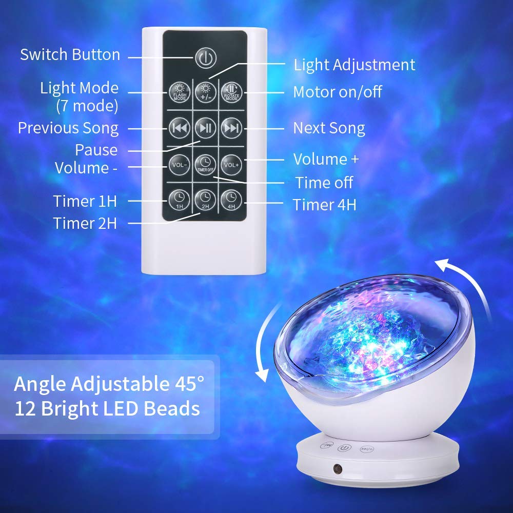 WIWIWON Ocean Wave Projector, 12LED Night Light Projector, 8 Color Changing Music Night Light Lamp with Remote Control Timer Set