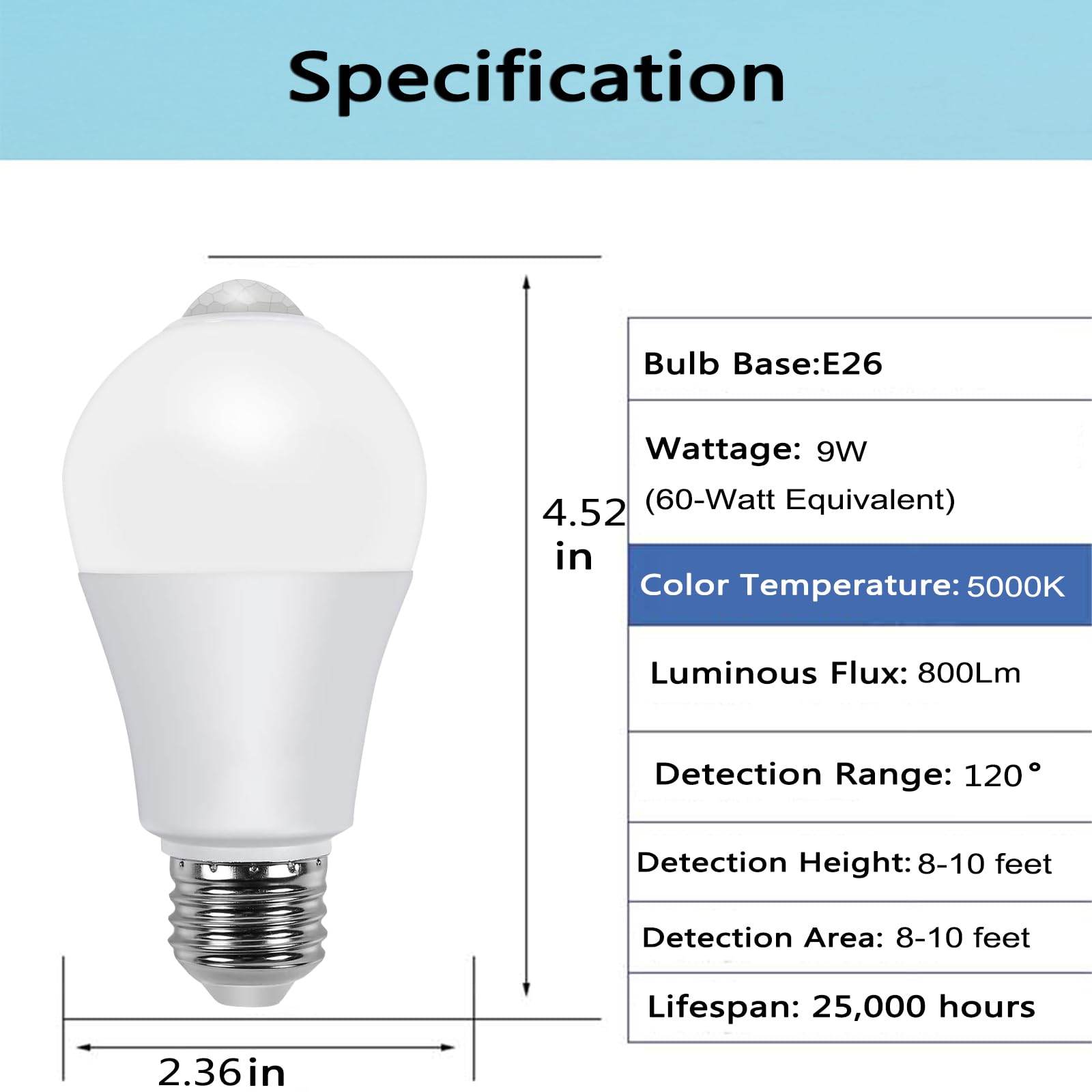U4GLORY Motion Sensor Light Bulbs A19 9W E26 5000K Cool White PIR Sensor 2 Pack