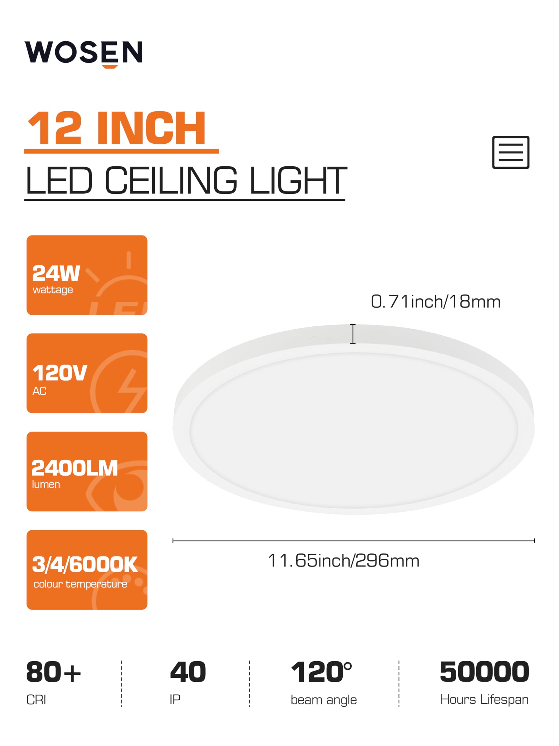 Wosen 1 Pack 12 Inch Led Flush Mount Ceiling Light, 24W 2400Lm Ultra-Slim Light Fixture, 3000K/4000K/6000K Color Temperature, Ro
