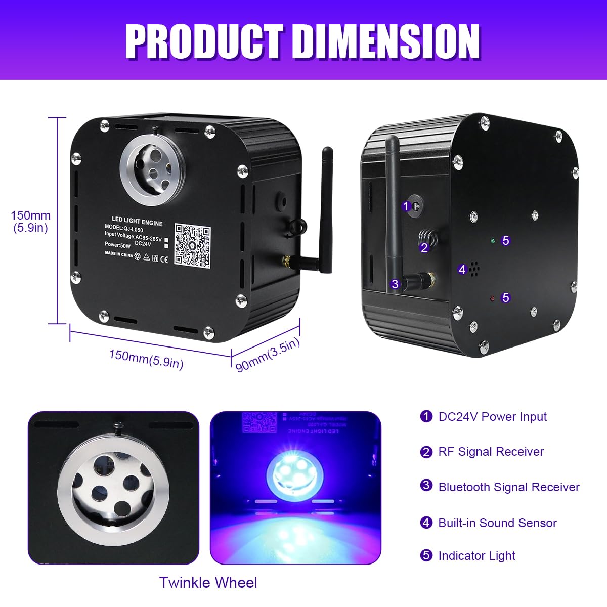AZIMOM Fiber Optic Starlight Kits, 50W, 800pcs, 0.03in x 13.1ft, Sound Activated, Bluetooth Control, Black, Model Q