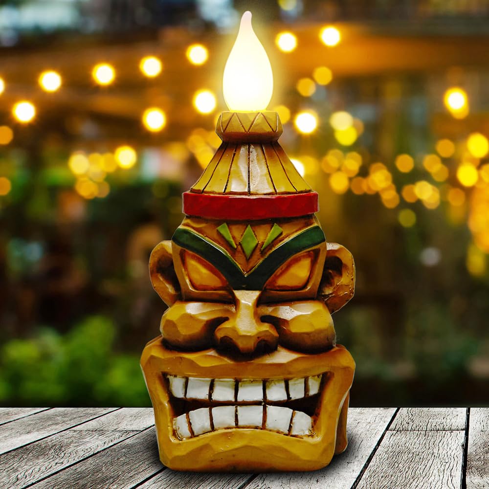 Yiosax Outdoor Solar Tiki Statue Decor - 8.74 Inch Torch Tiki Head for Garden, Patio, Yard - Model CA79440