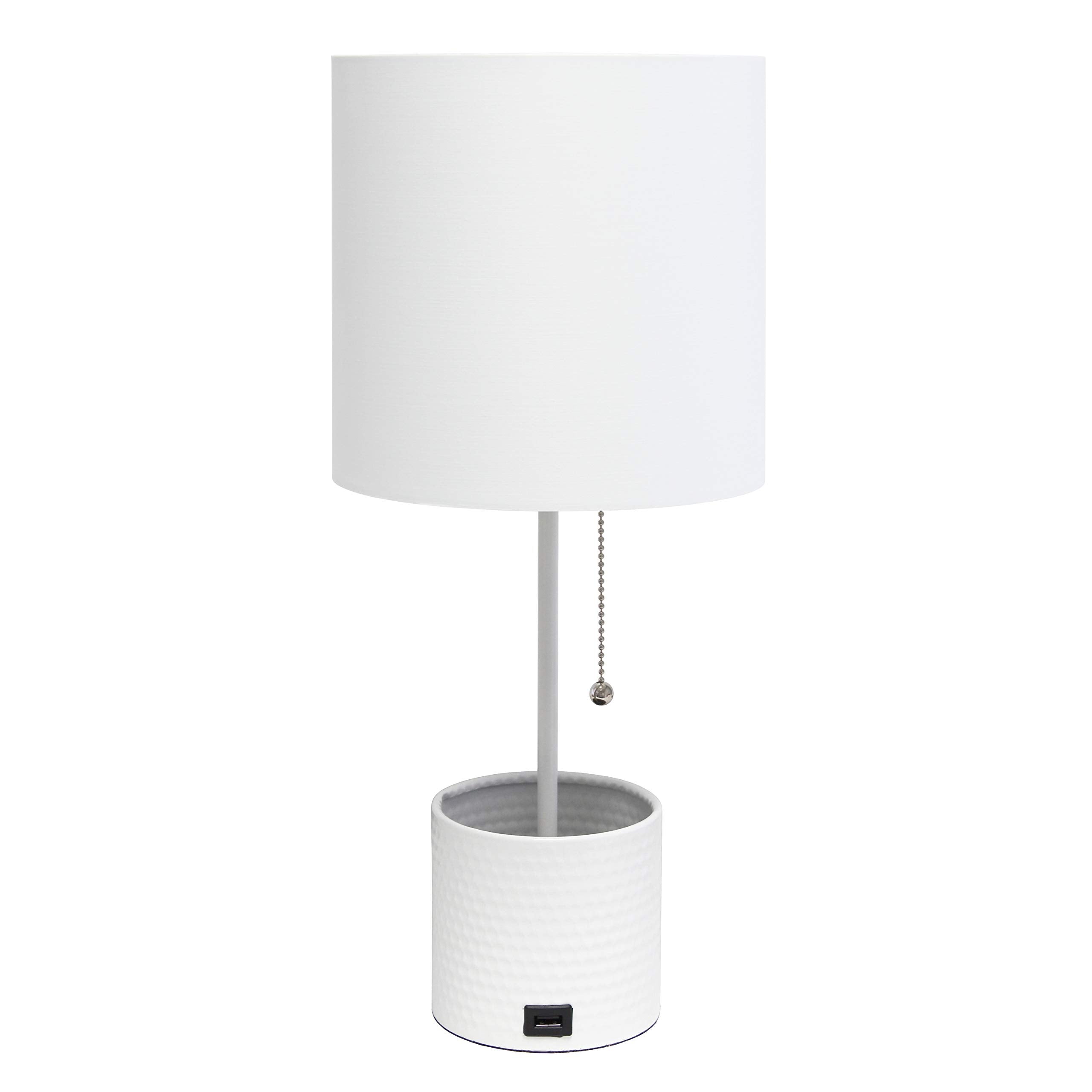 Simple Designs Lt1085-Wht Hammered Metal Organizer Table Lamp With Usb Charging Port And Fabric Shade, White