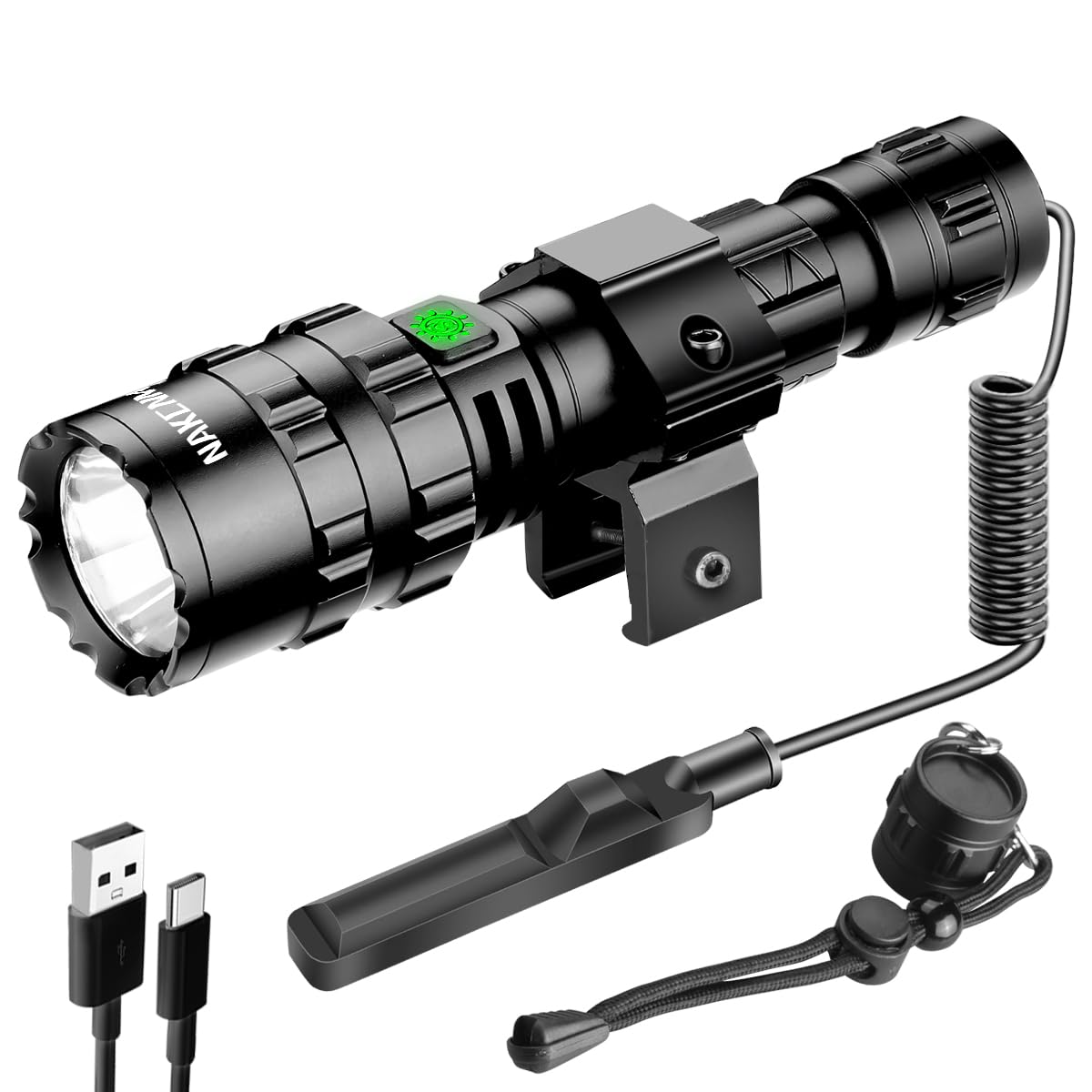 NAKCNM Tactical Flashlight with Picatinny Rails Mount, 3000 Lumen Weapon Light Rechargeable 5 Modes, Remote Pressure Switch Incl