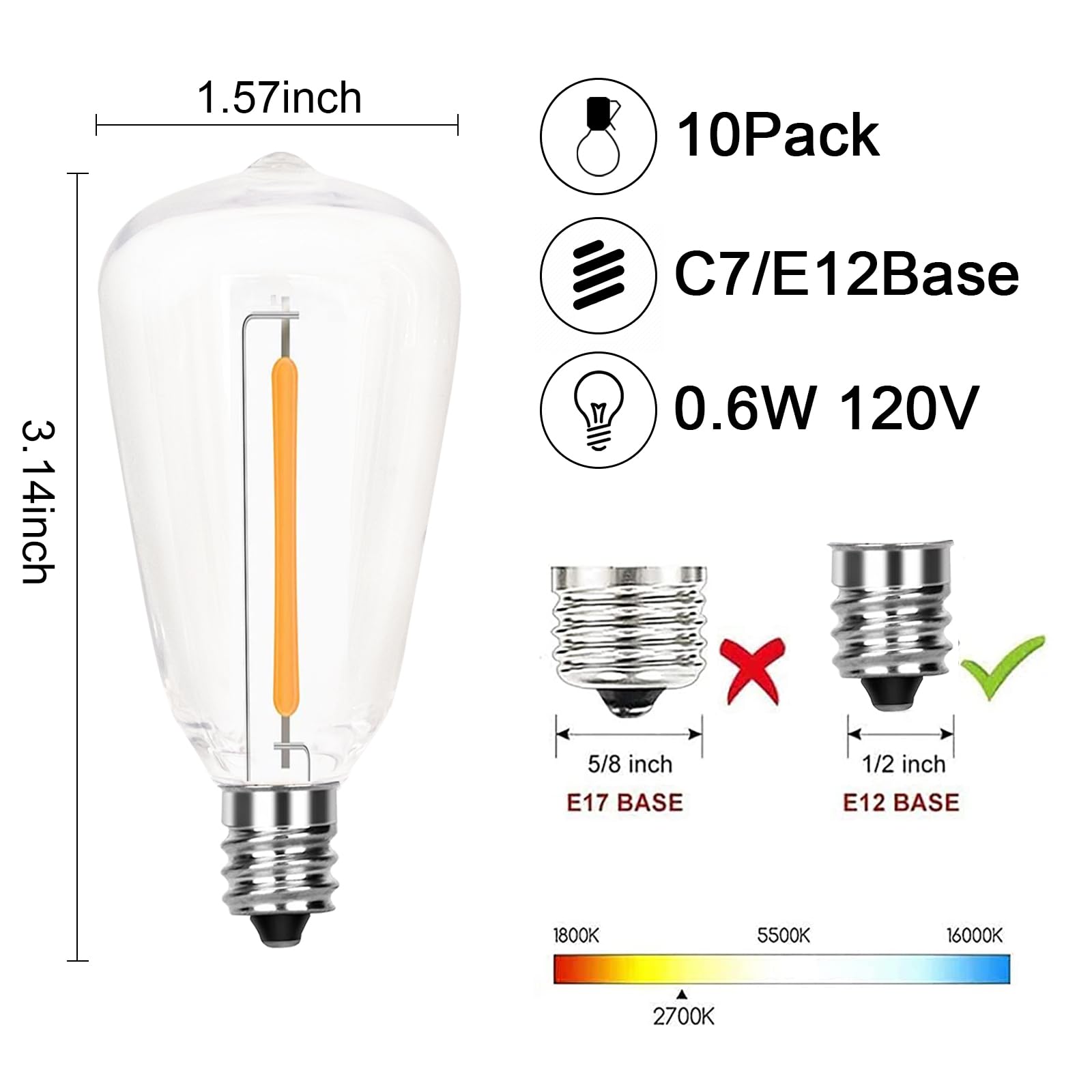 Goothy 10 Pack Led Replacement Light Bulbs, E12 Candelabra Base Edison Bulbs For St38 Outdoor Patio String Lights, 0.6W Shatterp