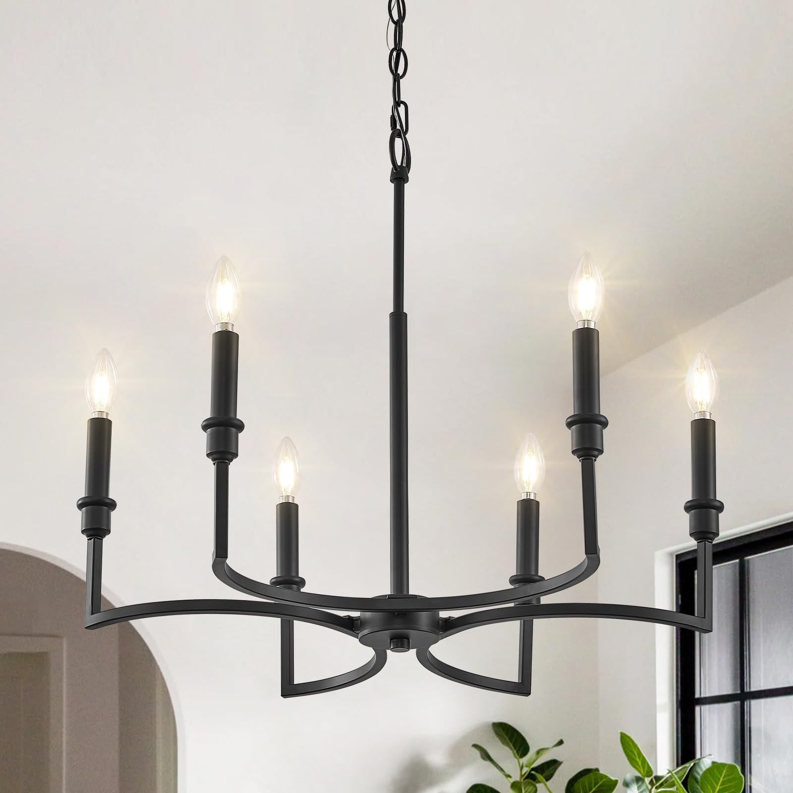 Fookchak Black Chandelier 6-Light Dining Room Chandelier Light Fixture Metal Candle Chandelier For Dining Tables Kitchen Island 