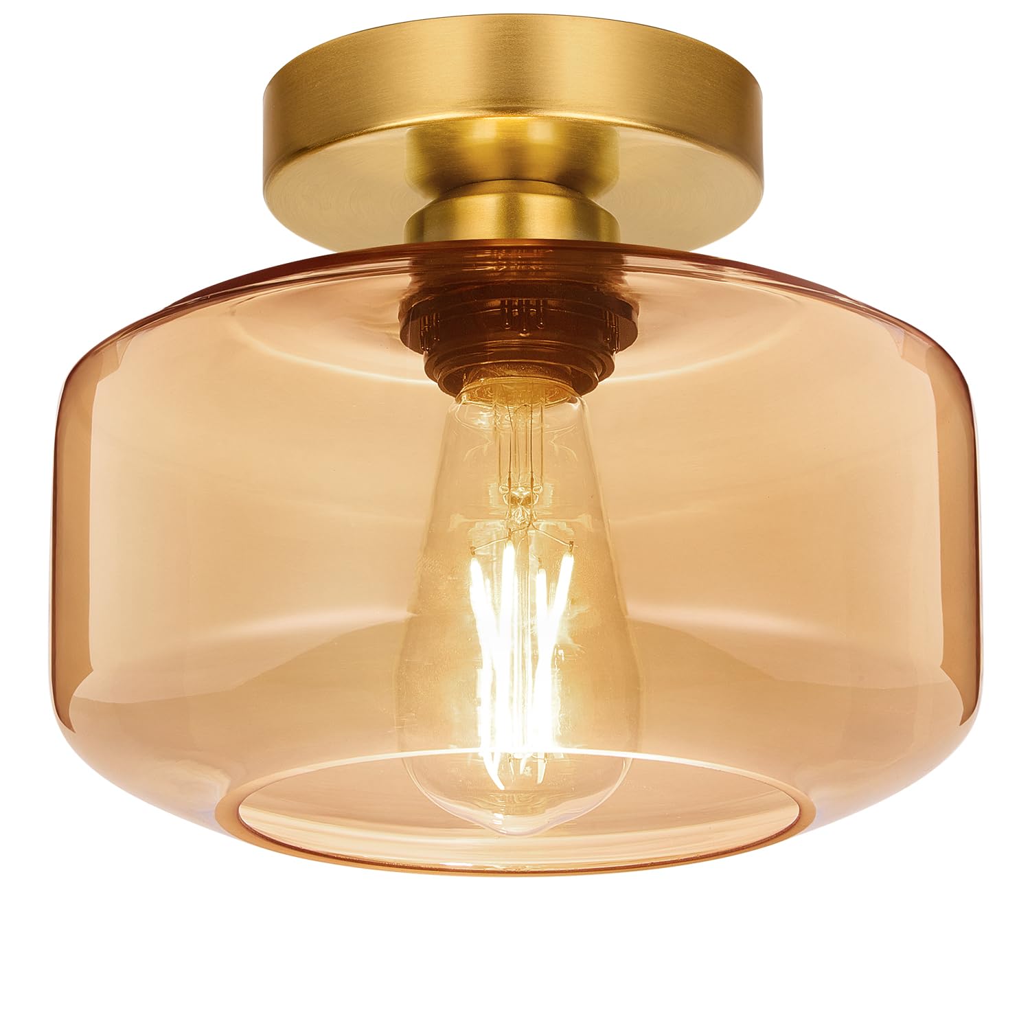 Lynnoland Industrial Semi Flush Mount Ceiling Light Brushed Gold  Amber Glass Shade Ceiling Light Fixture Amber Light Fixture for Hallway Bathroom Bedroom  Vintage Hanging Light Fixtures