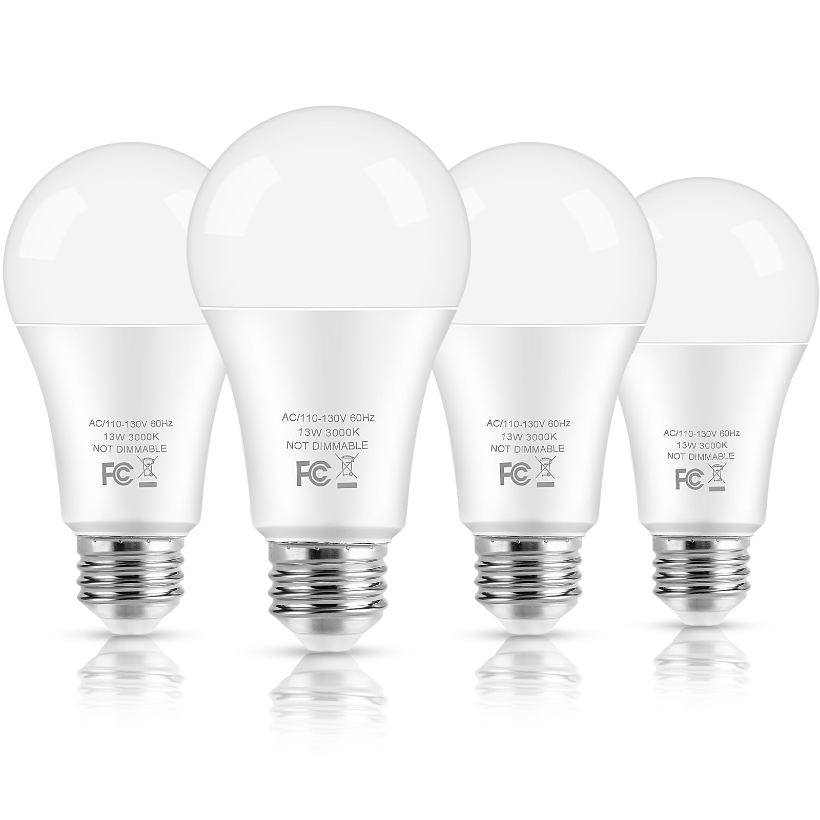 Brightever A19 LED Light Bulbs, 100W Equivalent, 13W, 1500 Lumens, 3000K Soft White, E26, 4-Pack