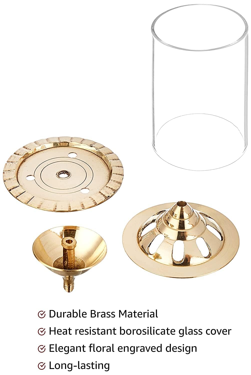 Klassic Navjyoti 4 Inch Akhand Diya with Borosilicate Glass Shade for Mandir, Decorative Brass & Glass Oil Lamp Lantern Diya wit