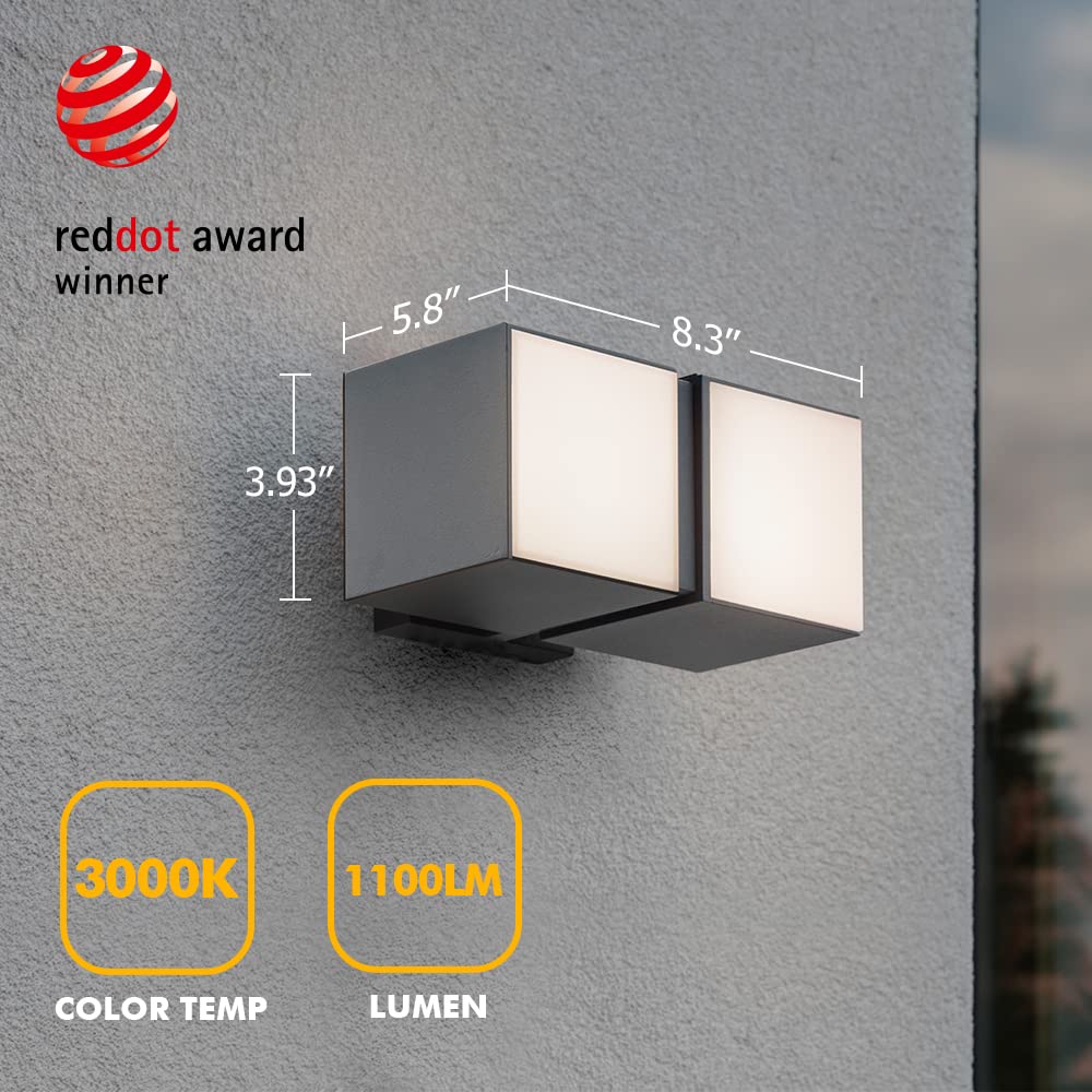 LUTEC Cuba 3000K LED Porch Wall Light, 1100LM Waterproof Gray Aluminum Sconce, Model 5193805012 for Outdoor Entryway, Patio, Garage