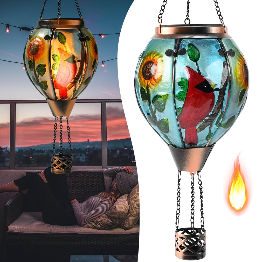 Hot Air Balloon Solar Lantern - Large Cardinal Bird Glass Lantern  Simulated Flickering & Dancing Flame  Big Outdoor Hanging Sunflower Yard Light Waterproof Ip65 For Patio Lawn Porch Decor Gift