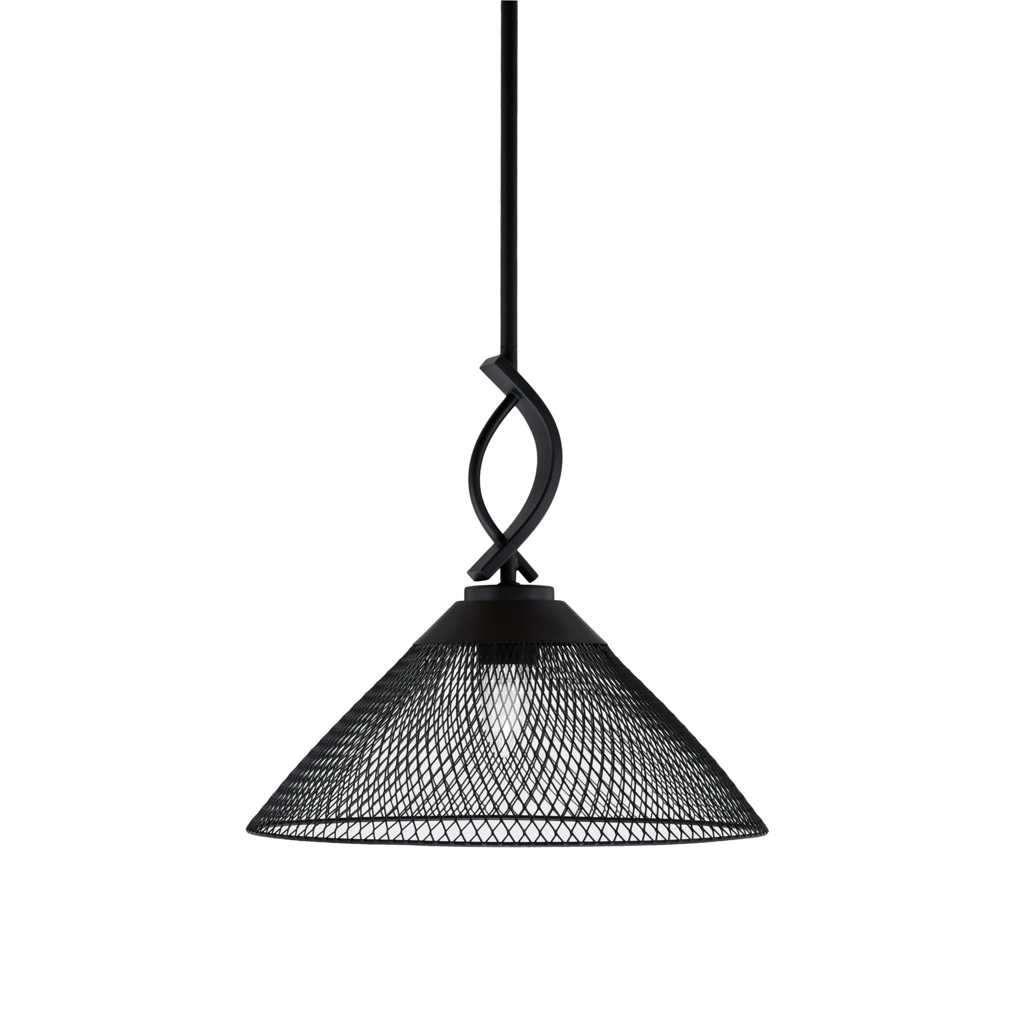 Cavella 1 Light Stem Mini Pendant Shown in Matte Black Finish with 14&quot; Matte Black Cone Mesh Metal Shade