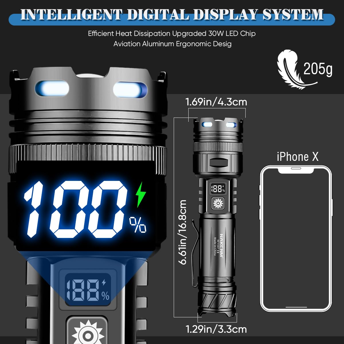 NAKCNM LED Flashlight NF1607 - High Lumens, Rechargeable, Super Bright, Black, with Clip & Digital Display for Home & Hiking