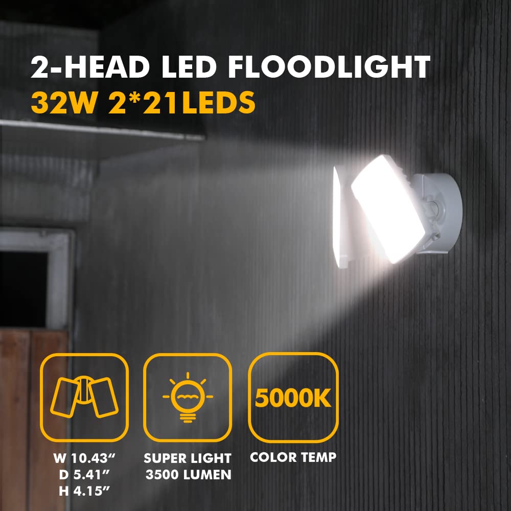 LUTEC LED 3500 Lumen 32W 5000K Integrated Dual-Head Flood Light Outdoor Dusk to Dawn Waterproof Exterior Security Wall Light for