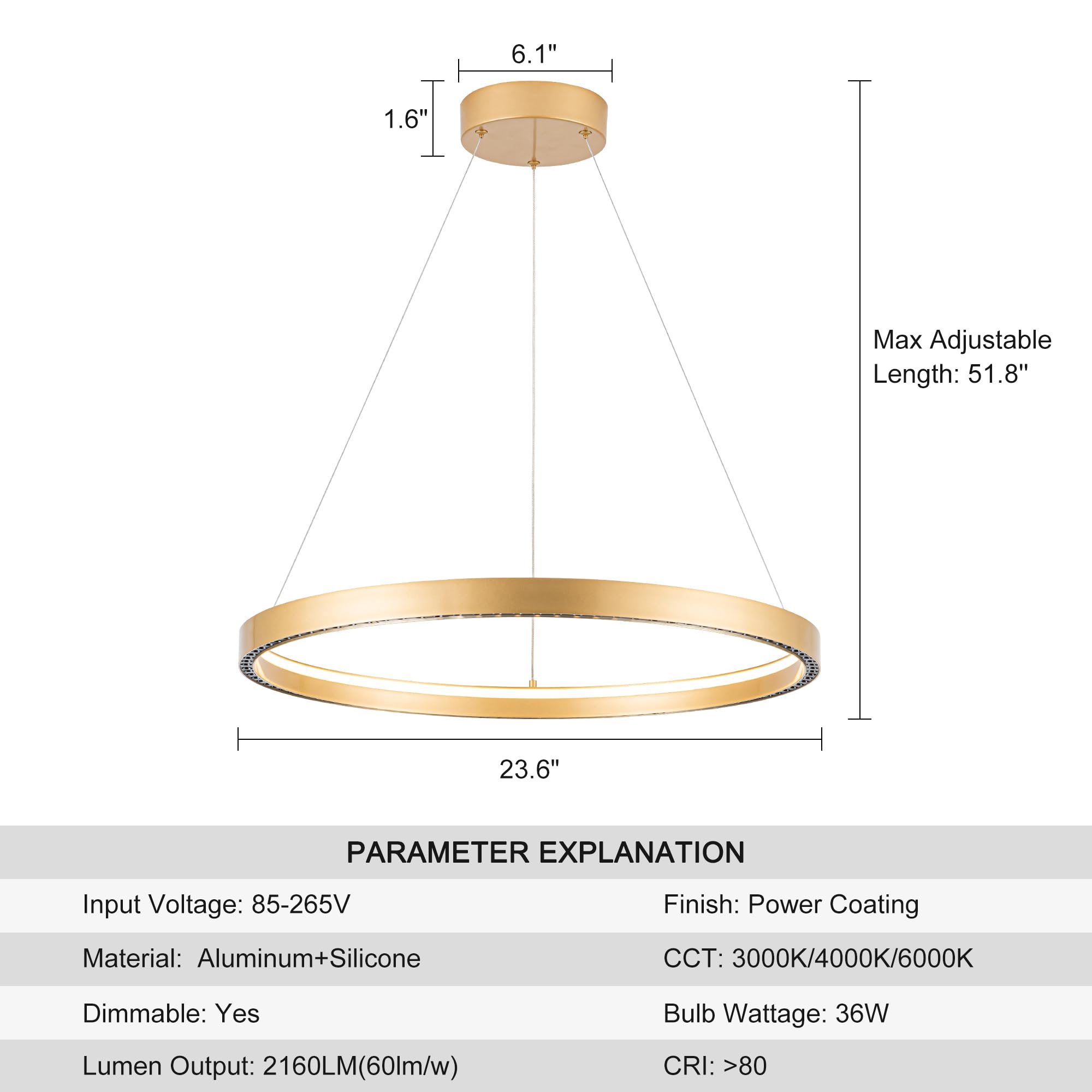 SUNMOO Modern Led Pendant Light, 1 Ring Dimmable Chandelier, 36W, Gold, Aluminum, 3000-6000K for Living Room, Dining Room, Kitchen Island