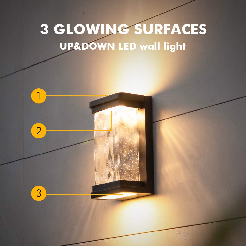 LUTEC Outdoor LED Wall Light Fixture, 1000 Lumen, Dusk to Dawn, Seeded Glass, Matte Black, 1 Pack, Model 5185701012
