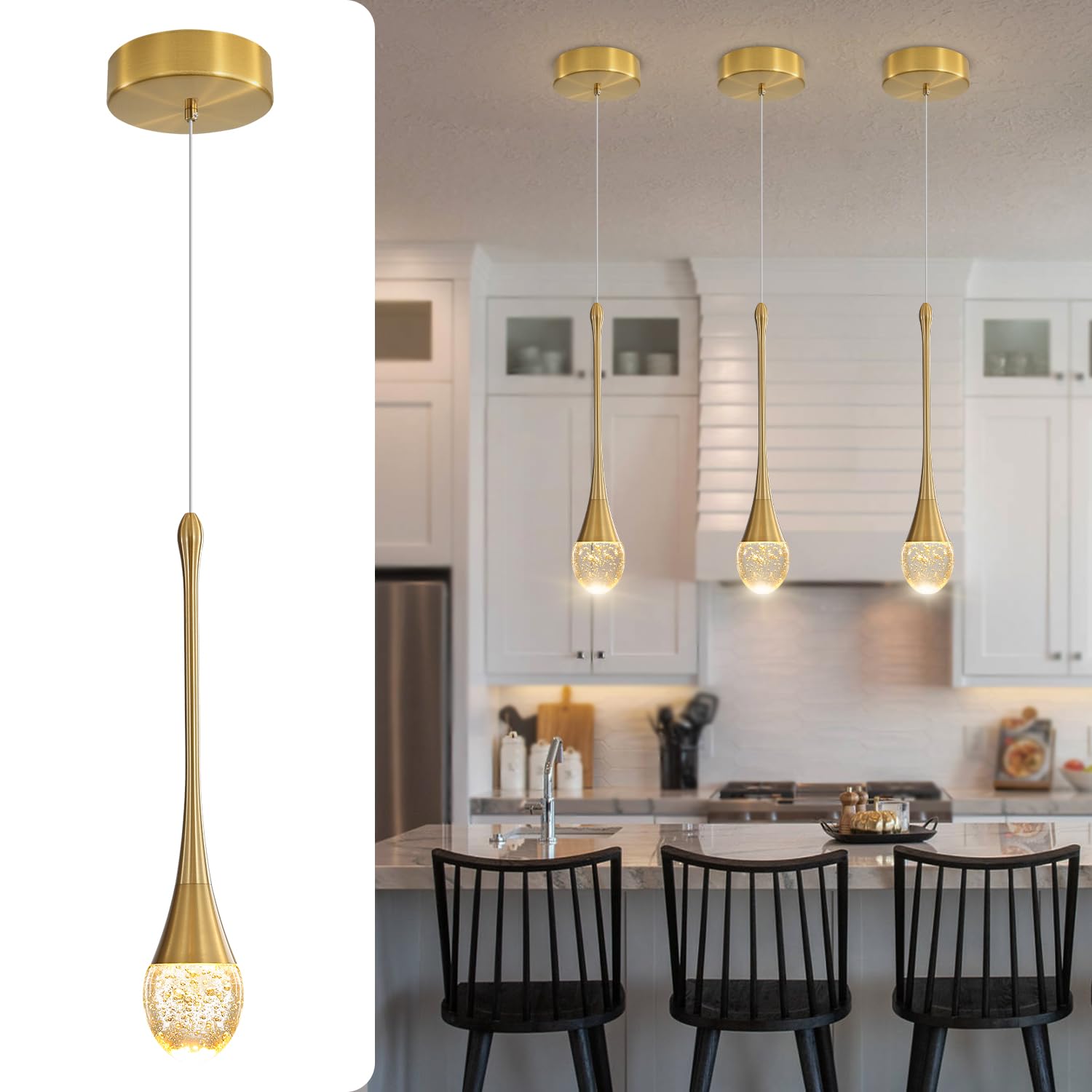 ykolupty Pendant Lights Kitchen Island Single Head Gold Bubble Crystal Island Lights Dining Foyer Entrance Modern Chandeliers LE