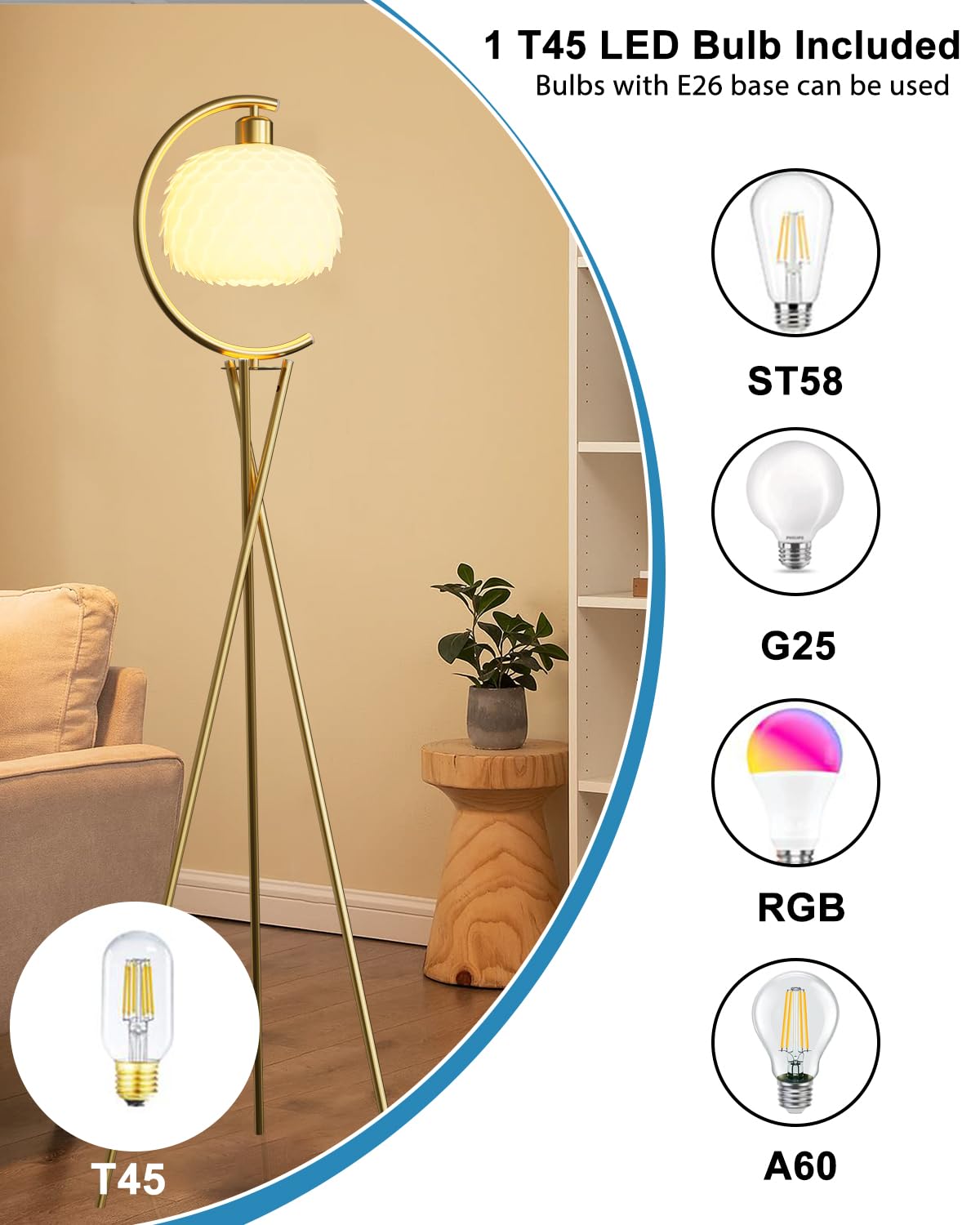 Lightdot Modern Floor Lamp With Arc Imitation Feather Lampshade Gold Tripod Floor Lamp With E26 3000K Bulb Stable Base Vintage T