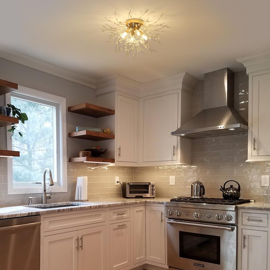 HMVPL Gold Crystal Flush Mount Ceiling Light, 4-Light Brass Mini Chandelier, K9 Crystal, Model 230401B1