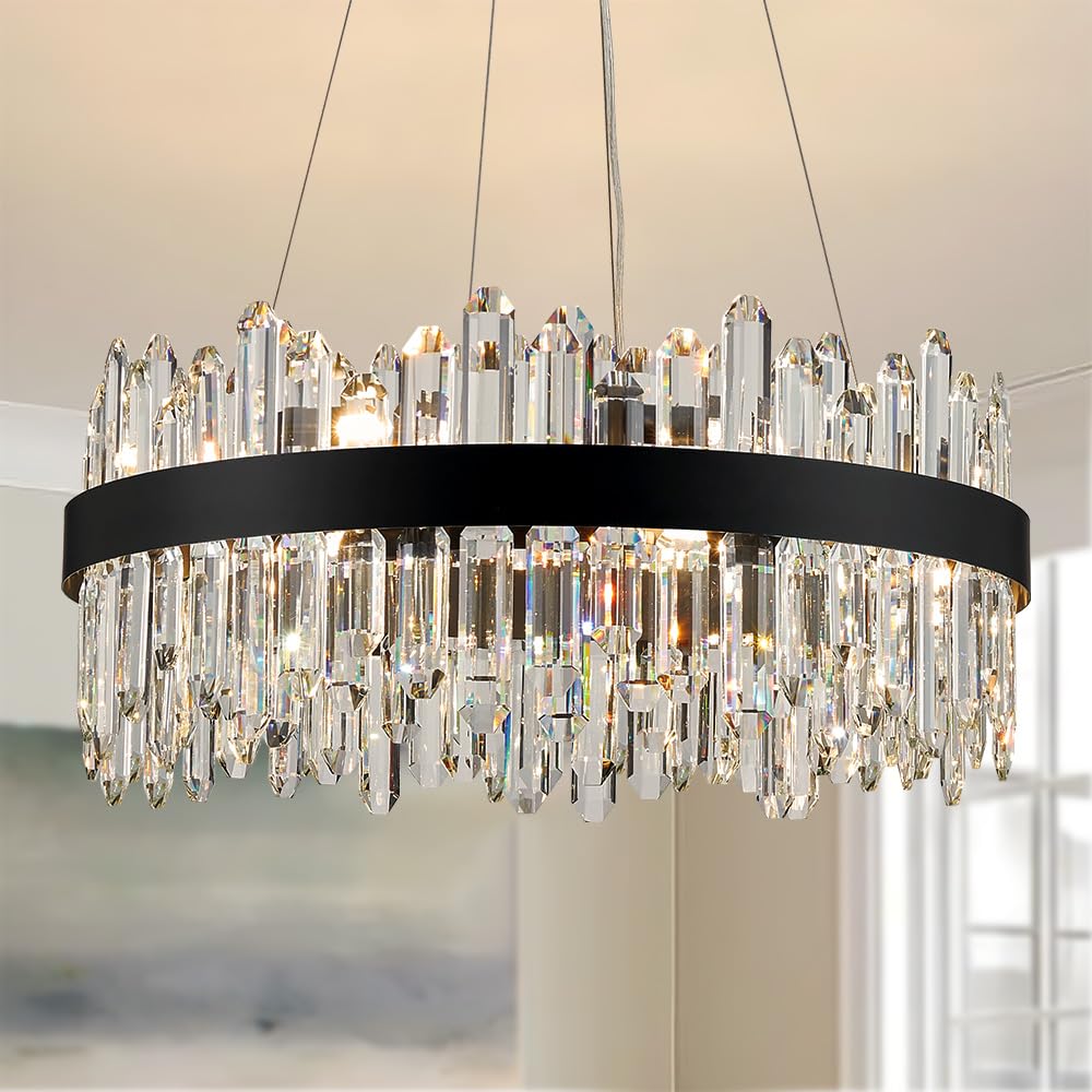 LIZZTREE Black Modern Oval Crystal Chandelier, 24-Lights Luxury Chandeliers 2-Tiers K9 Crystal Chandelier Pendant, Light Fixture
