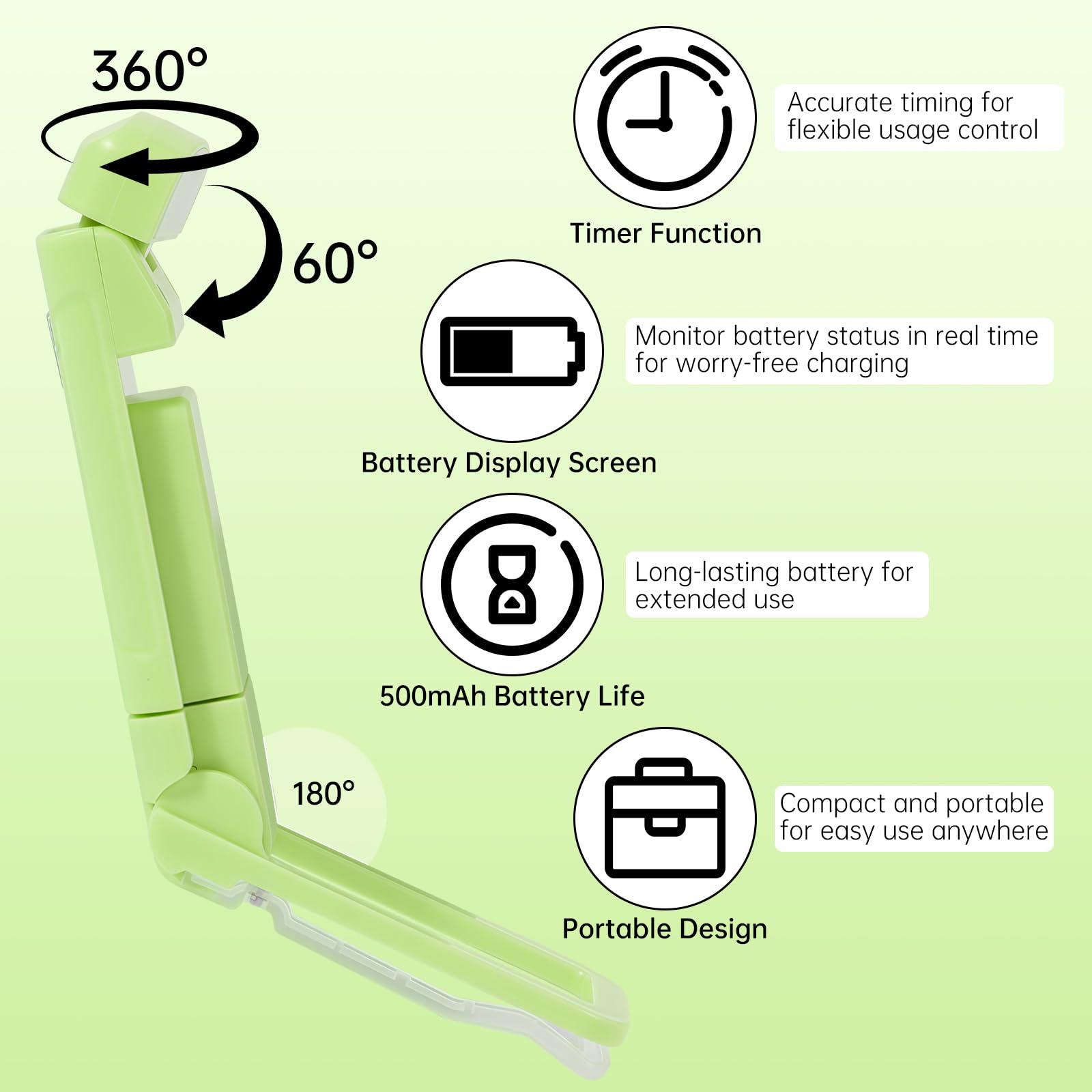 Bsdgeclogy 24 LED Rechargeable Book Light - Eye-Caring, 3 Color Temperatures, Lightweight Clip-On, Green, Digital-Timer