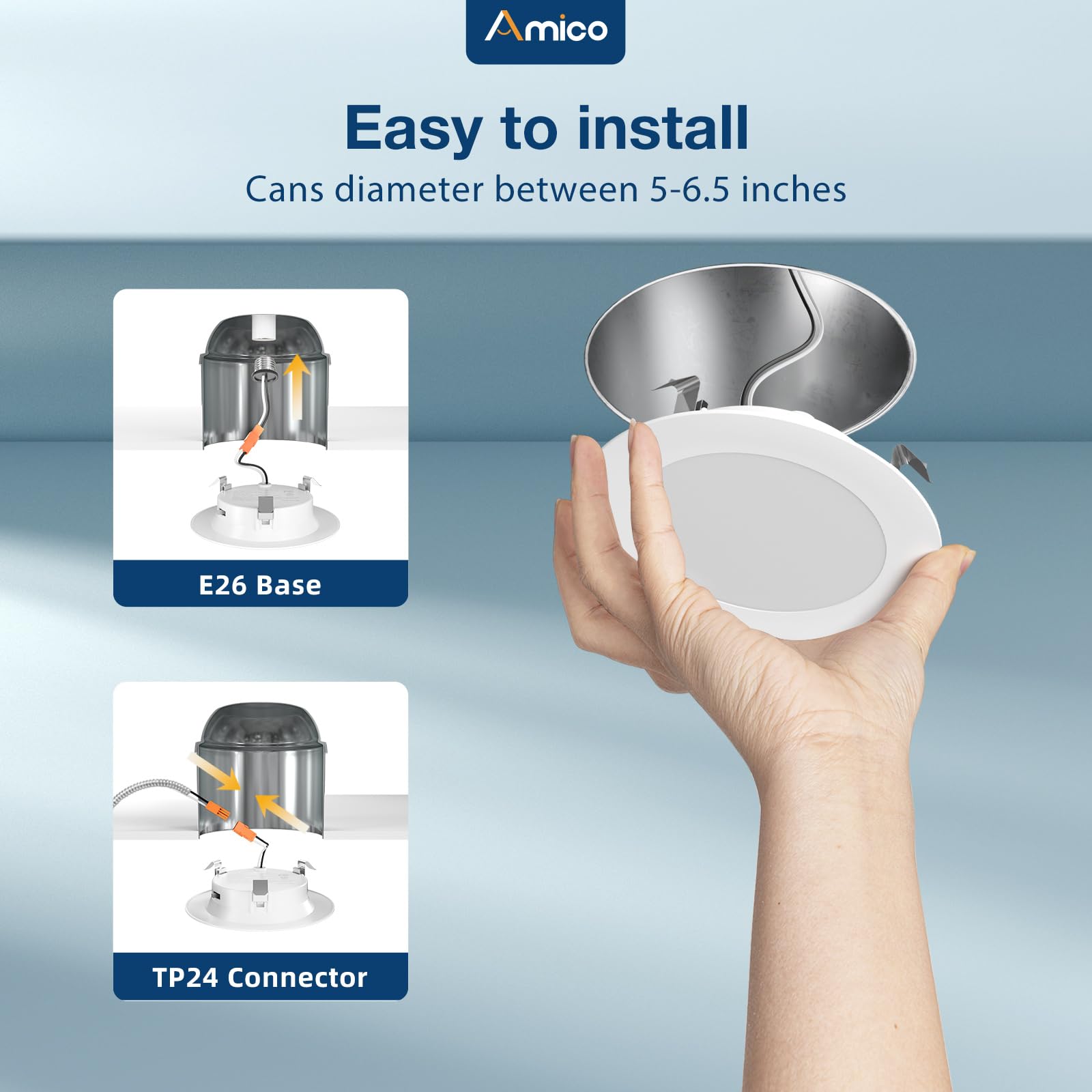 Amico 4 Inch LED Recessed Lighting 12 Pack, 5CCT Dimmable, IC Rated, 700LM, Model DLB01-D407T-700, Color