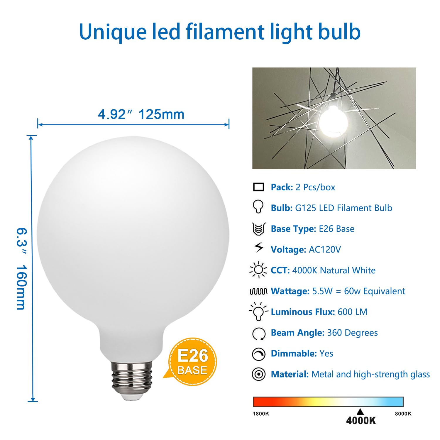 Myemitting 2 Pack G40/G125 Led Bulb Dimmable Globe Light, 5.5W (60W Equivalent), Natural White 4000K Cri 90+, Milky Glass, For B
