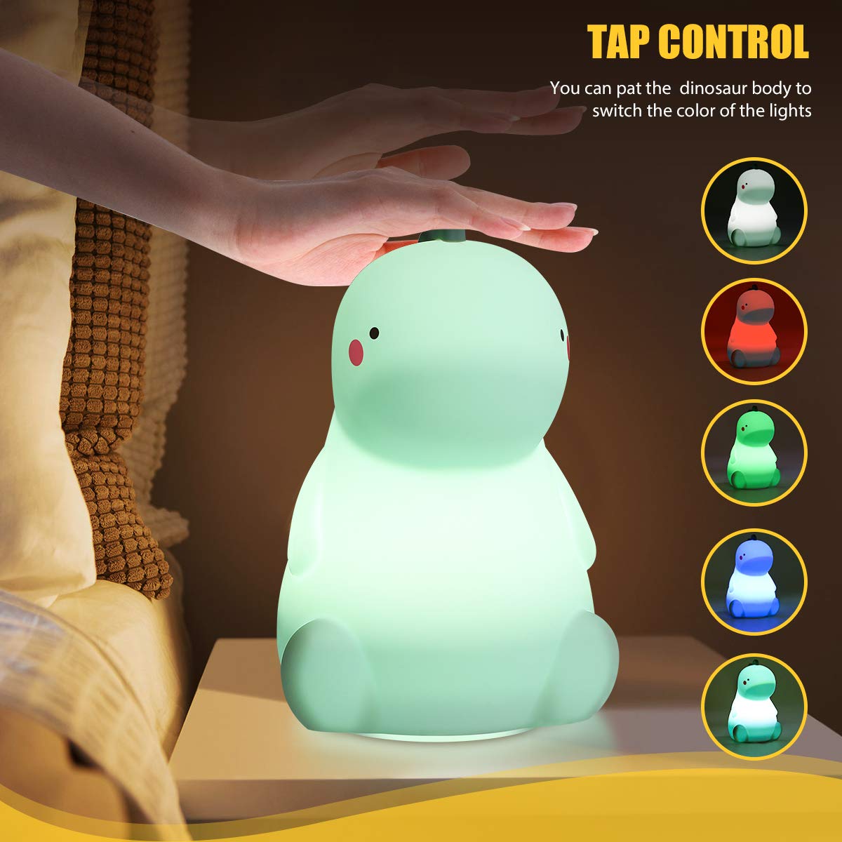 VSATEN Dinosaur Night Light - Color Changing Silicone LED Lamp, Portable Rechargeable, Green, Model DNL-003-G, Ideal for Kids' Rooms
