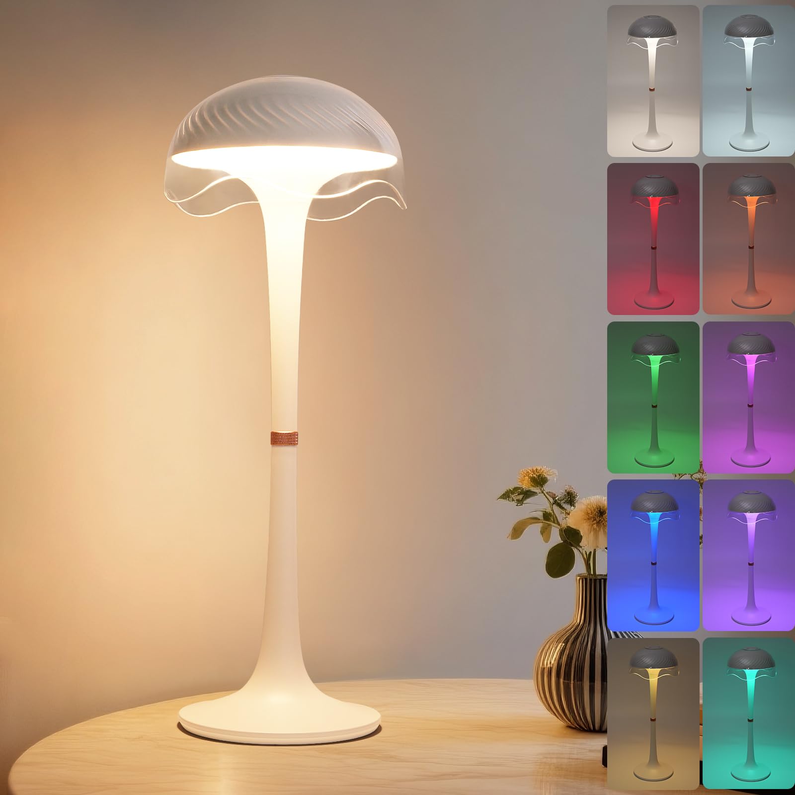 DEXULESA Cordless Table Lamp, Portable Battery Operated Touch Control Lamp with 3 Colors & 7 RGB Stepless Dimmable, Rechargeable