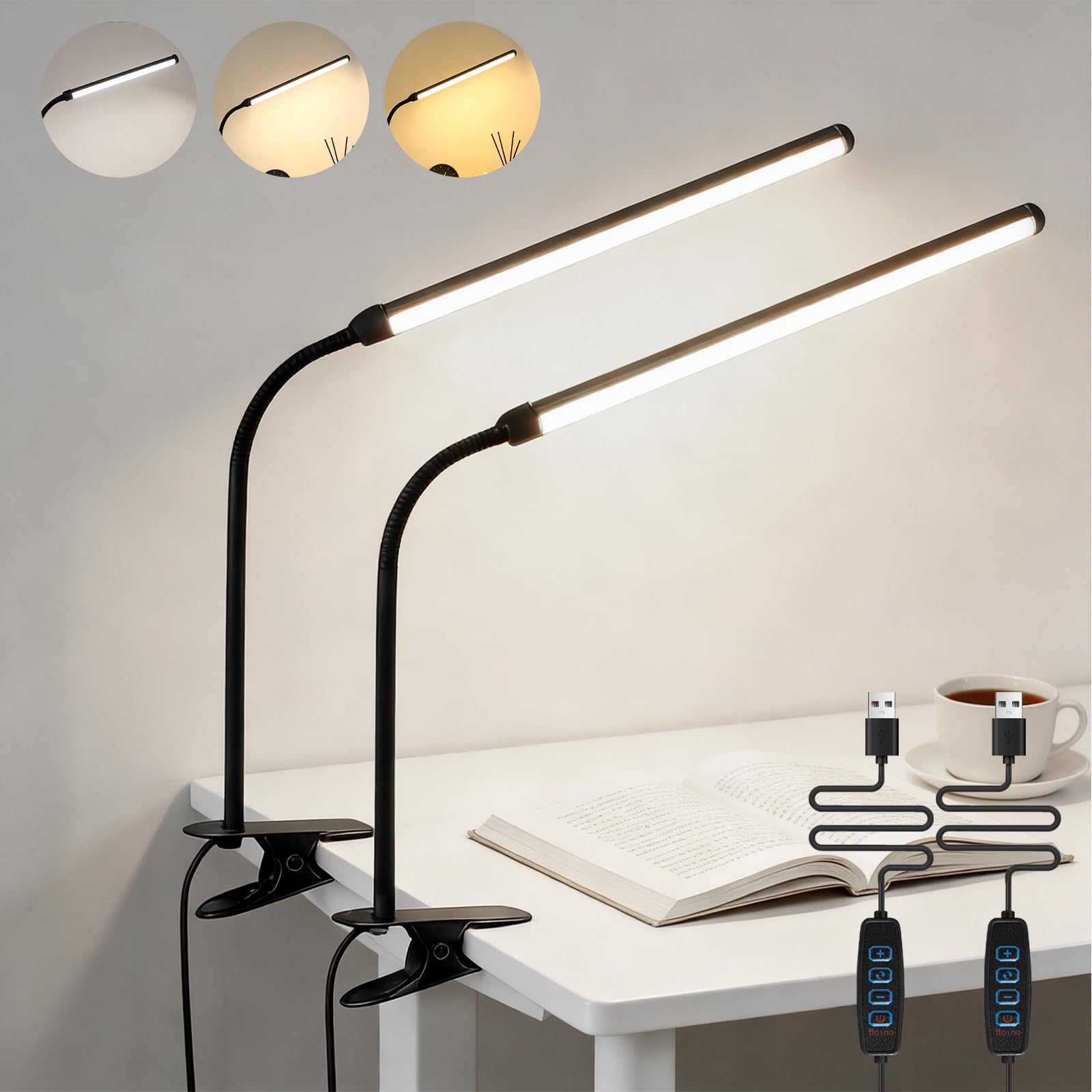 Buroraix 2 Pack LED Desk Lamp with Clamp,Eye-Friendly Clip on Lights for Home Office Study Reading,3 Modes 10 Brightness,Long Fl