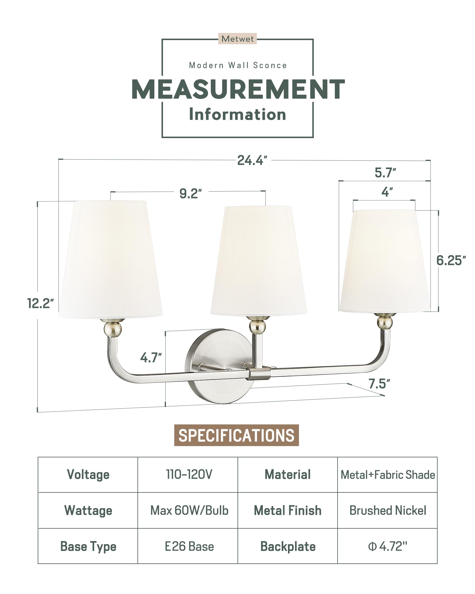 Metwet Bathroom Light Fixtures, Brushed Nickel Vanity Lights With Flared White Fabric Shade, 3 Light Wall Sconce, Modern Sconces