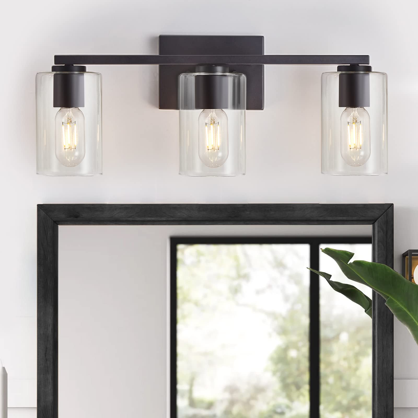 DRNANLIT Black Bathroom Vanity Light Fixture, 3-Light Industrial Wall Sconce, Clear Glass Shade, Model TYB3108205SB