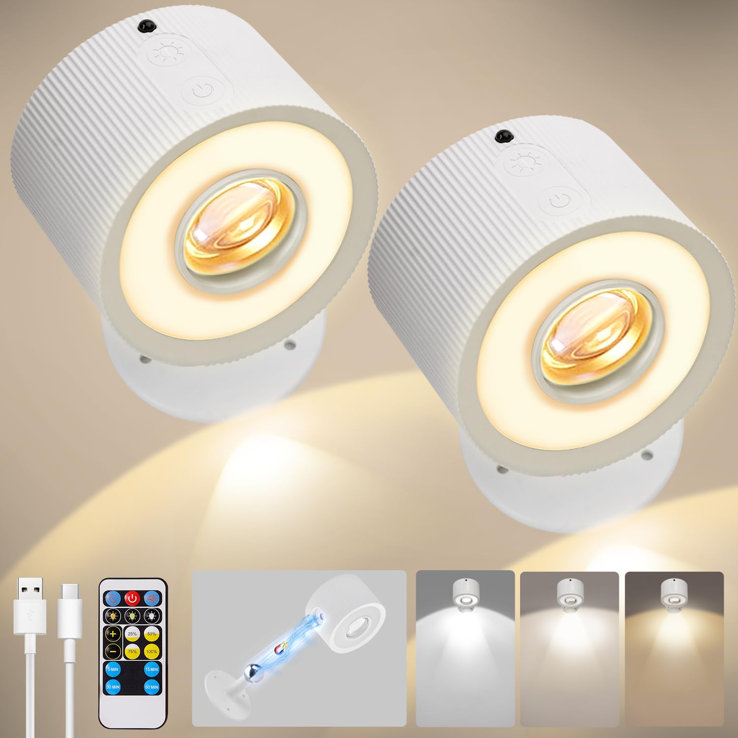 Plomixius LED Wall Mounted Lights, 3000mAh Rechargeable, Dimmable, 360° Rotate, 2 Psc, White-3 Color, Model YMX-101
