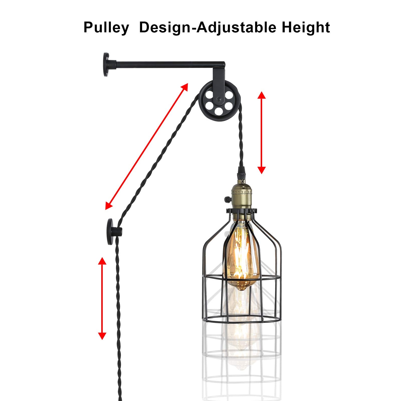 Injak Industrial Plug-In Wall Sconce, Adjustable Height Black Metal Cage Light For Home Decor