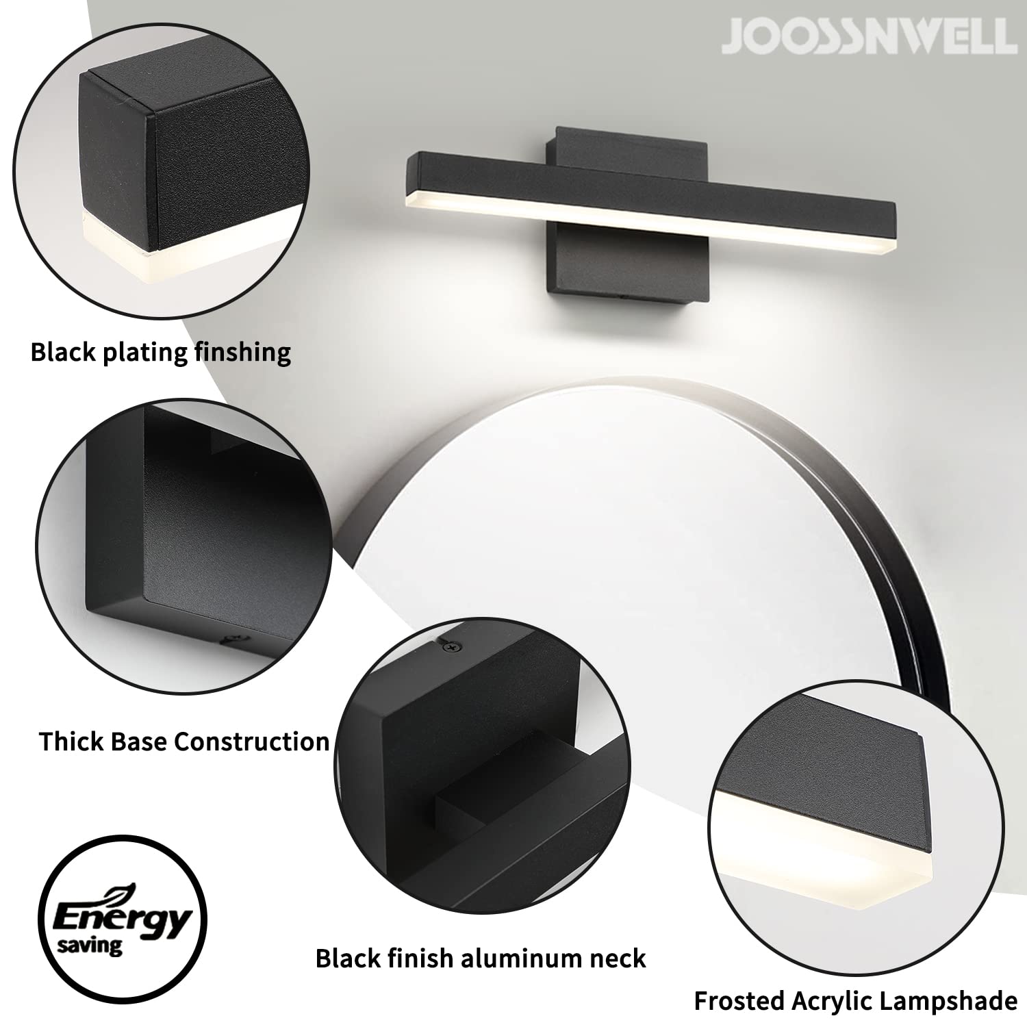 Joossnwell Led Bathroom Vanity Lighting Fixture Modern Bath Light Bar 15.75Inch Black Wall Sconce 12W 4000K