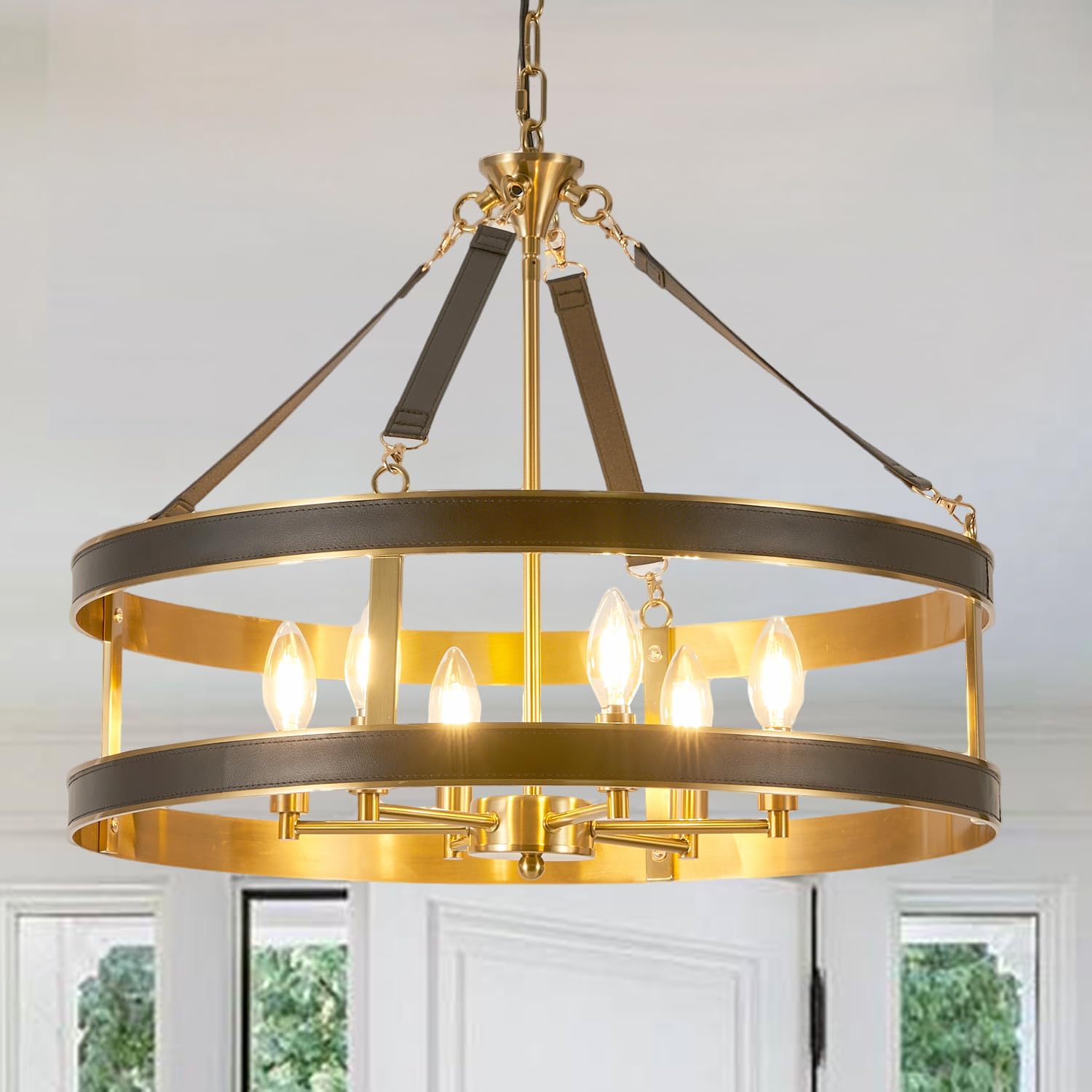 Lanpesting Farmhouse Ceiling Chandelier,24 Inch Antique Bronze Aluminum Black Leather Belt Trim Modern Rustic Hanging Pendant Ce