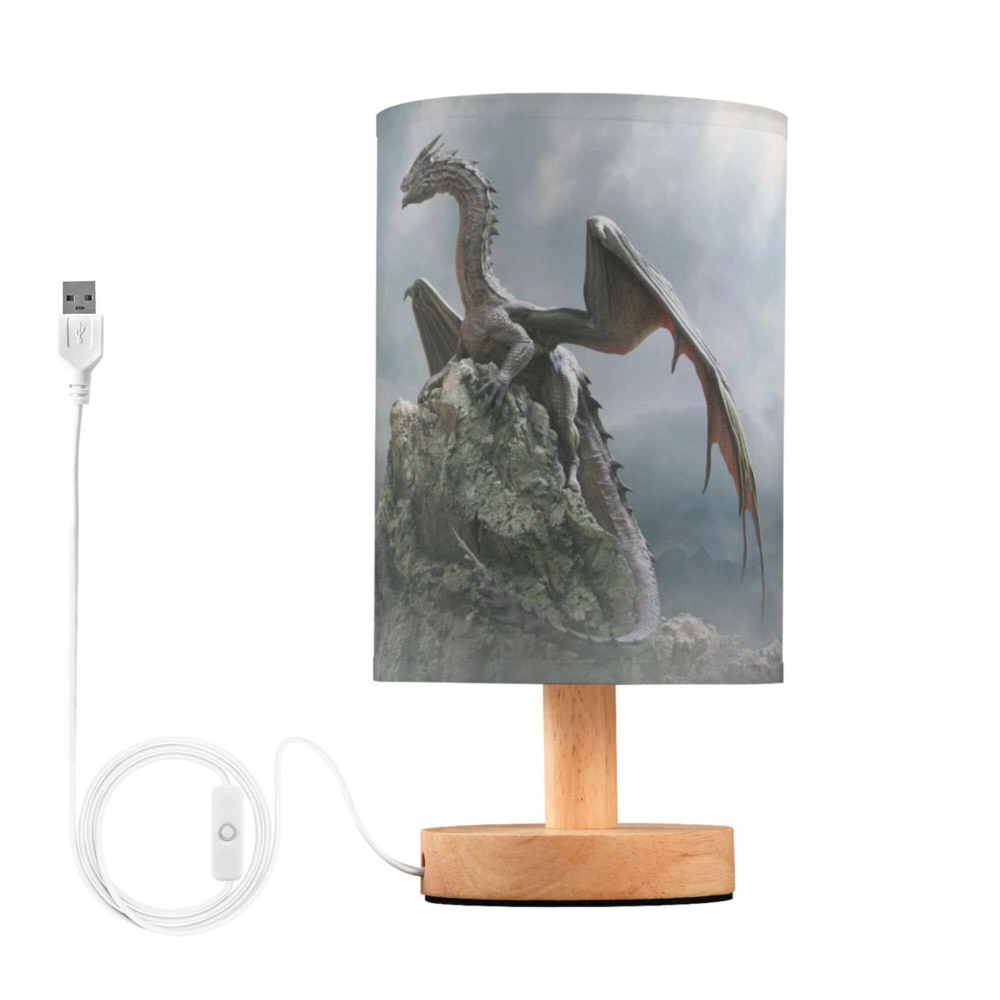 YYZZH Table Lamp Dragon on Rock Nightstand Lamp with Wood Base Fabric Lamp Shade Bedside Desk Lamp for Living Room Bedroom Kids 