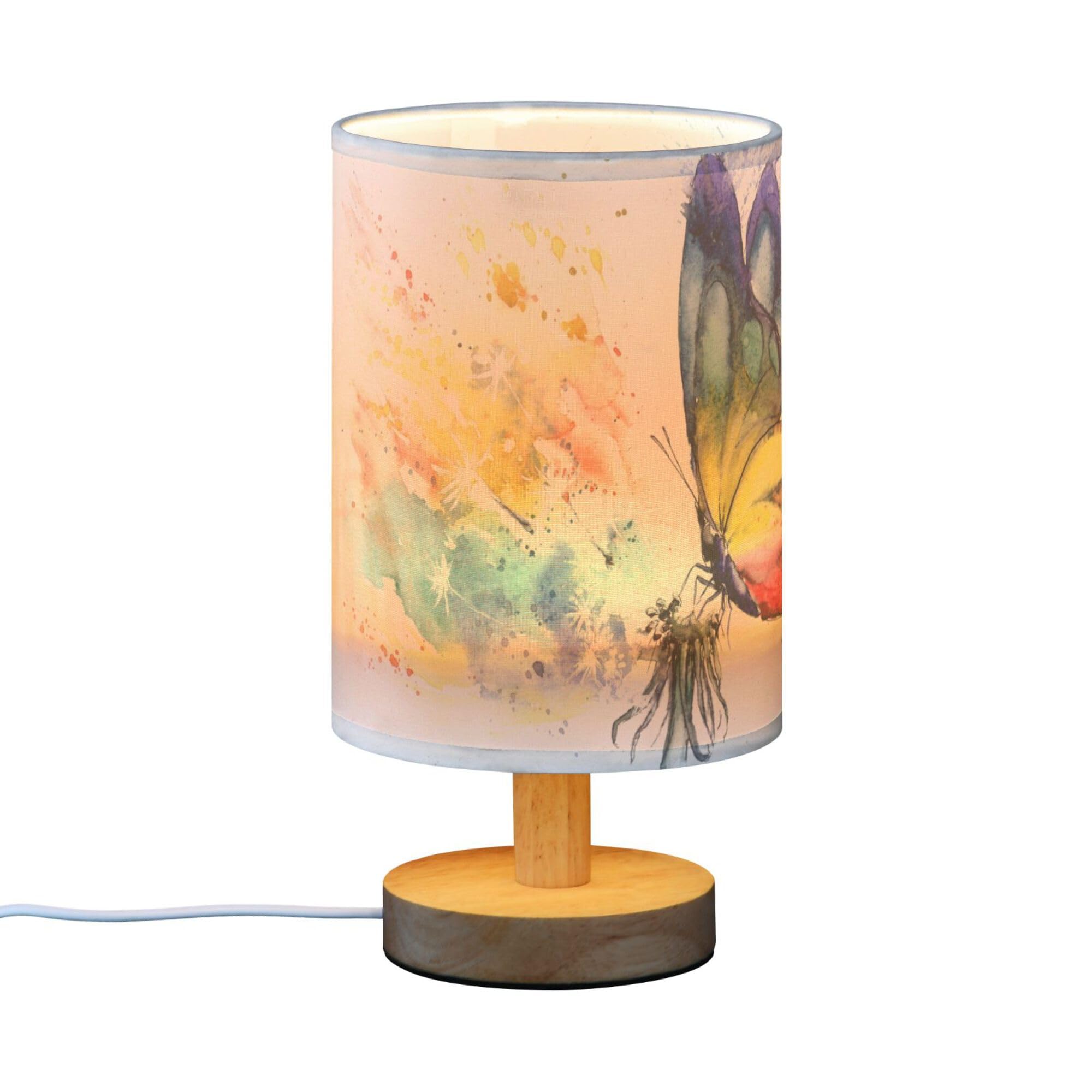 Yyzzh Table Lamp Paint Butterfly Dandelion Nightstand Lamp With Wood Base Fabric Lamp Shade Bedside Desk Lamp For Living Room Be