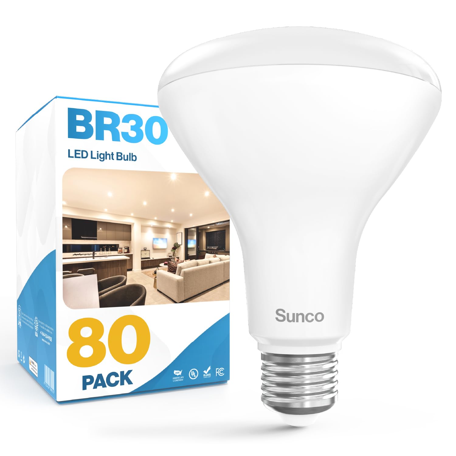 Sunco 80 Pack BR30 Light Bulbs LED, Recessed Can Light Bulbs, Indoor Flood Bulb, 850 LM, 11W (65W Equivalent), 5500K Daylight Gl