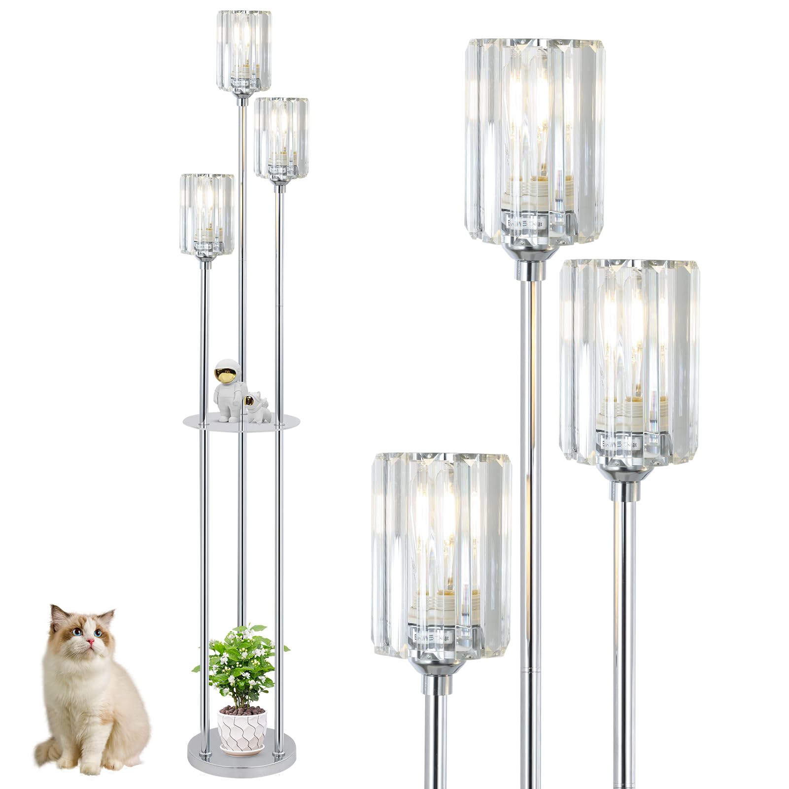 HMVPL Crystal Floor Lamps for Living Room, Modern Floor Lamp with Shelves, 3-Lights Standing Lamp with Crystal Shade, On/Off Foo