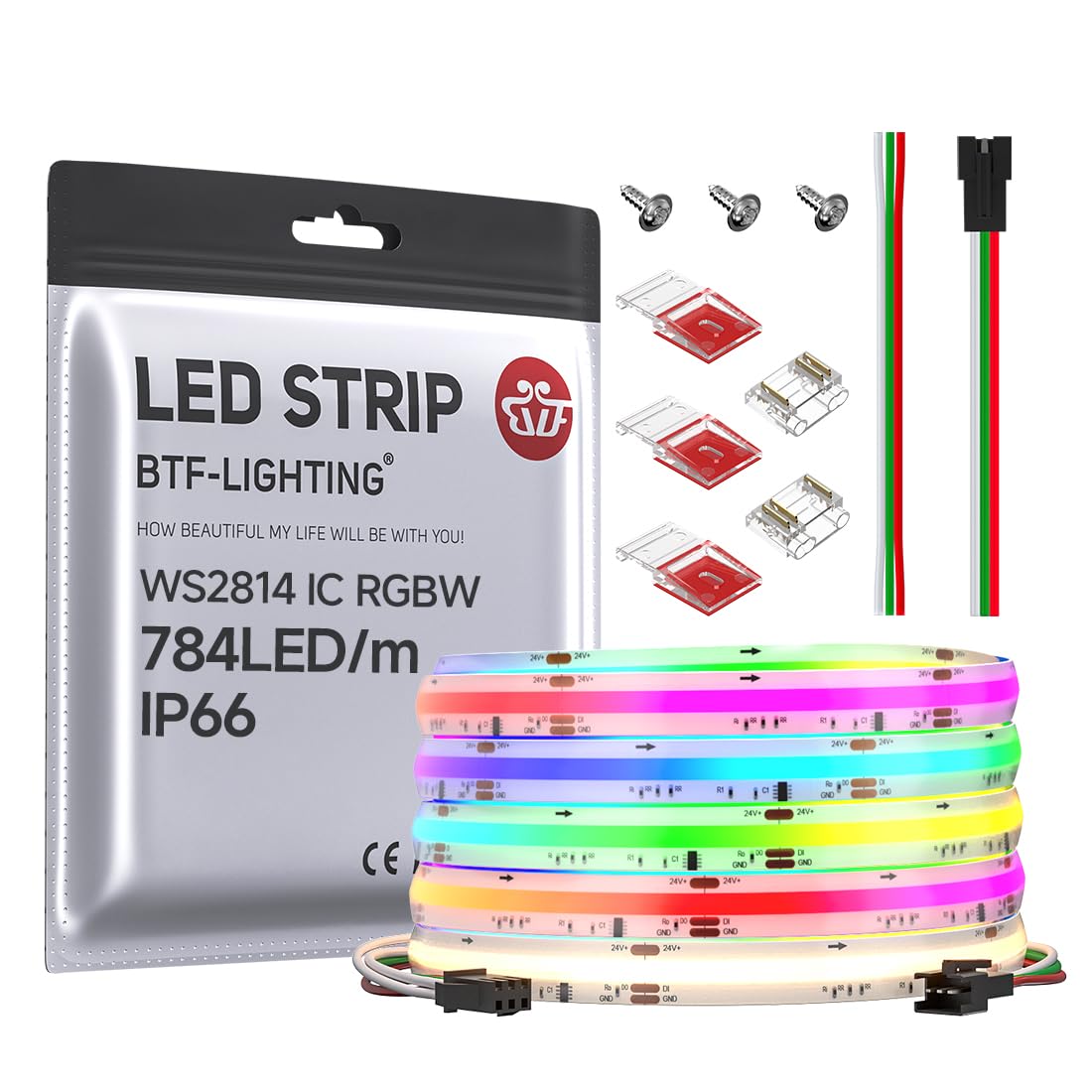 Btf-Lighting Fcob Ip66 Cob Led Strip Ws2814 Ic Rgbw 4000K 16.4Ft 784Led/M Dc24V Flexible High Density Color Chasing Light 10Mm Width For Indoor Decor(No Adapter Or Controller)