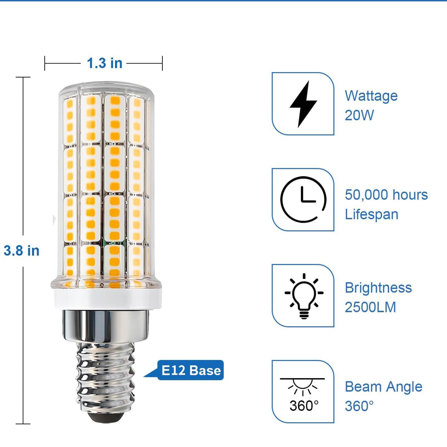 RIUVAO 6-Pack LED Light Bulbs, 20W Non-Dimmable, 2500 Lumen, 3000K Cool Daylight, E12 Base, Ideal for Home