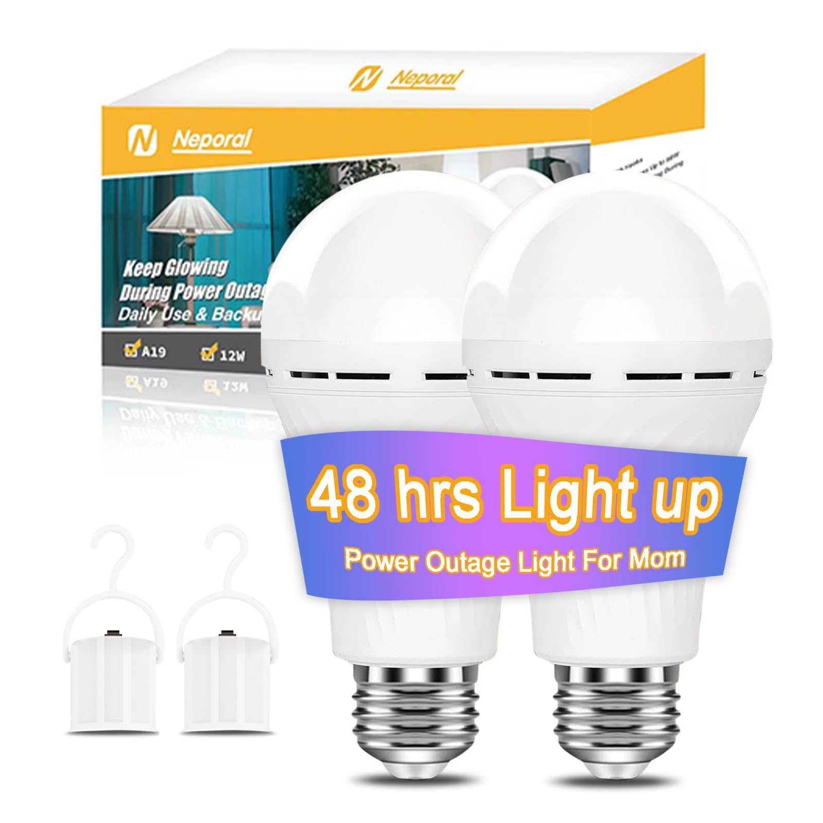 Neporal LITE Emergency Rechargeable Light Bulbs A19, Light Up to 48 hrs, Battery Operated Light Bulb, 5000K E26 LED Bulb, Emergency Lights for Home Power Failure (Daylight-2PK, 12, Watts)