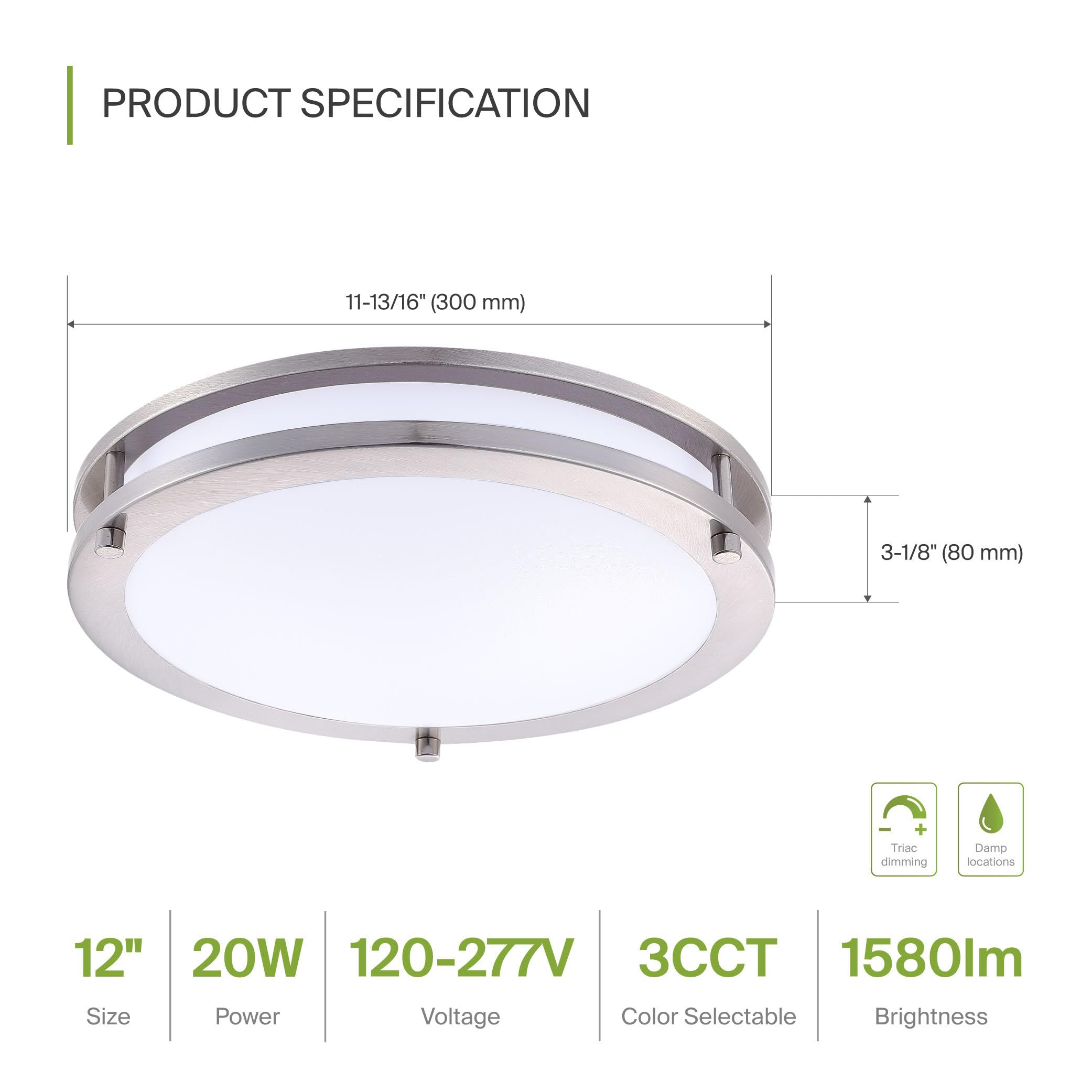 Asd Led 12 Inch Round Flush Mount Light Fixture | 20W 1600Lm 3000K-5000K 100-277V | 3Cct, Dimmable, Energy Star, Etl Listed | Cl