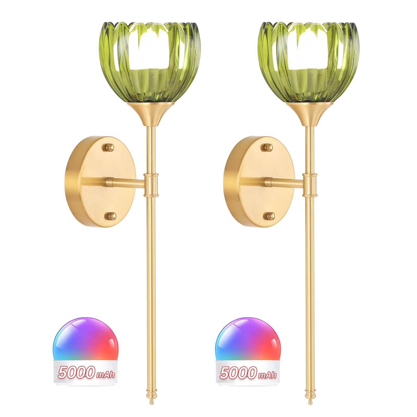 Shenmoyl Wall Sconce Set of 2, Battery Operated, Glass, Tulip Green-Sceptre Brass, Rechargeable, Remote, Model a9d8eff8