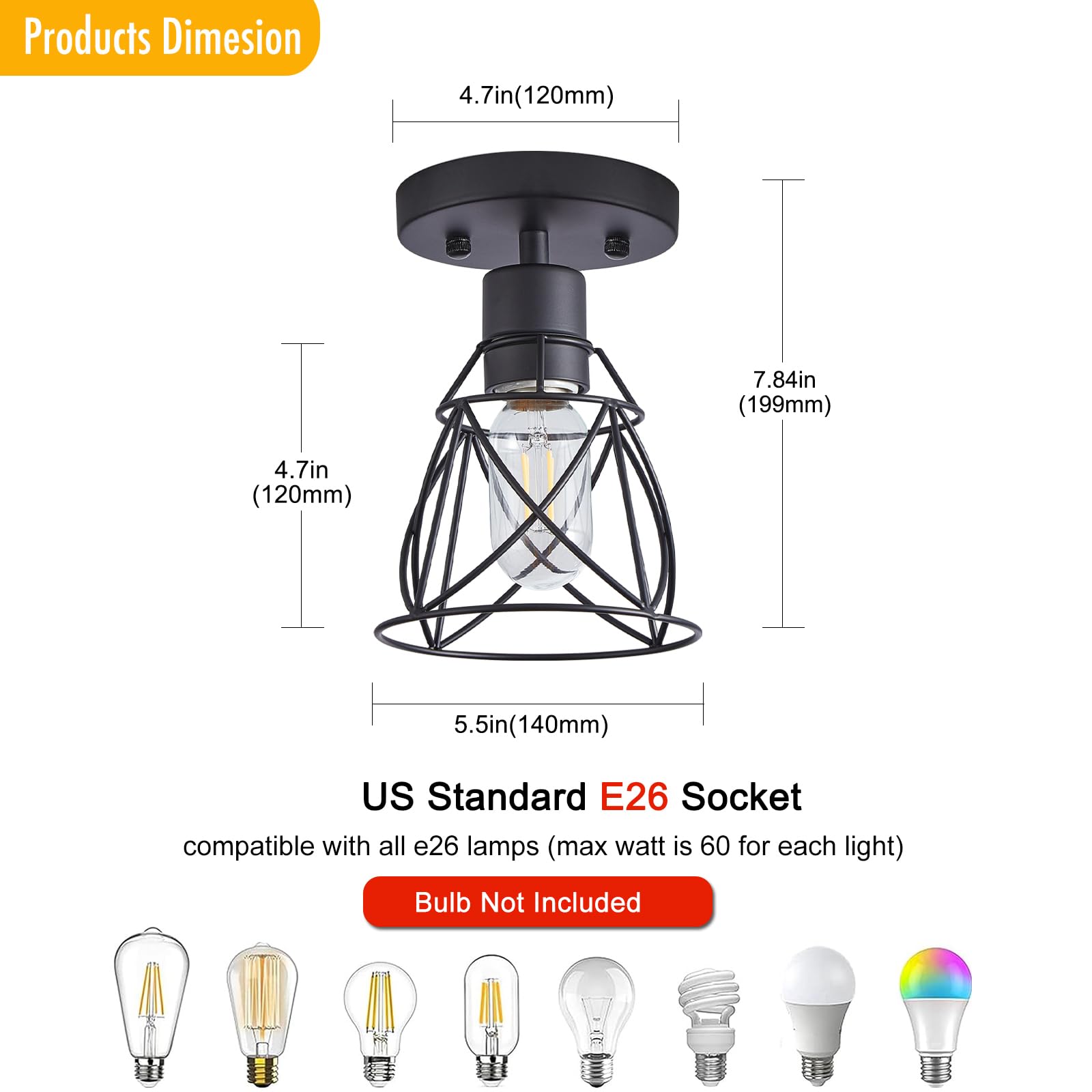 Hdasic 1-Light Farmhouse Semi Flush Mount Ceiling Light, Samll Matte Black Industrial Kitchen Lighting Fixtures Ceiling With Met