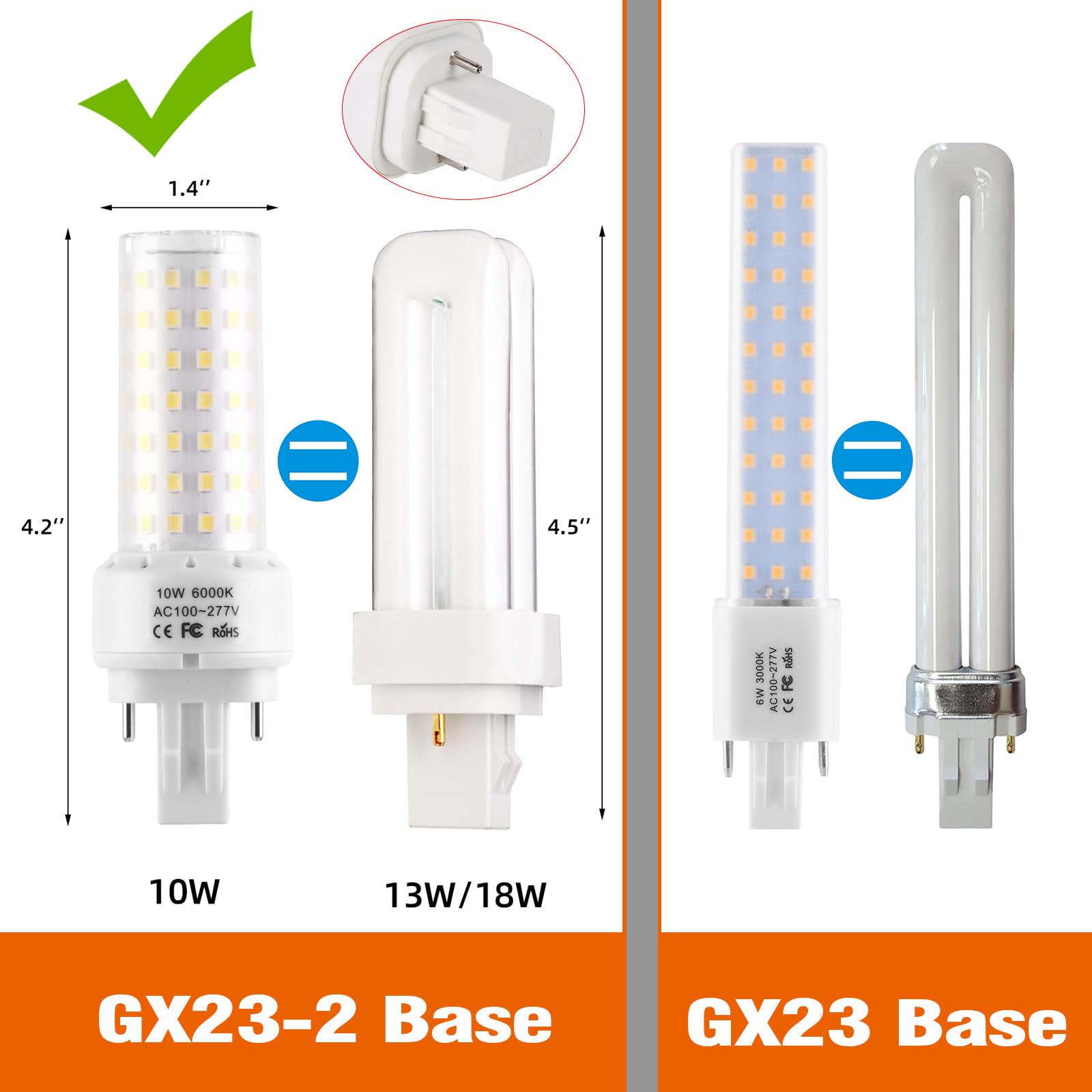 Lidesheng Gx23-2 Base Led Light Bulb Plug And Play,6000K Cool White 2Pin Led Pl Bulb, 13W 18W Cfl Equivalent, Ballast Compatible