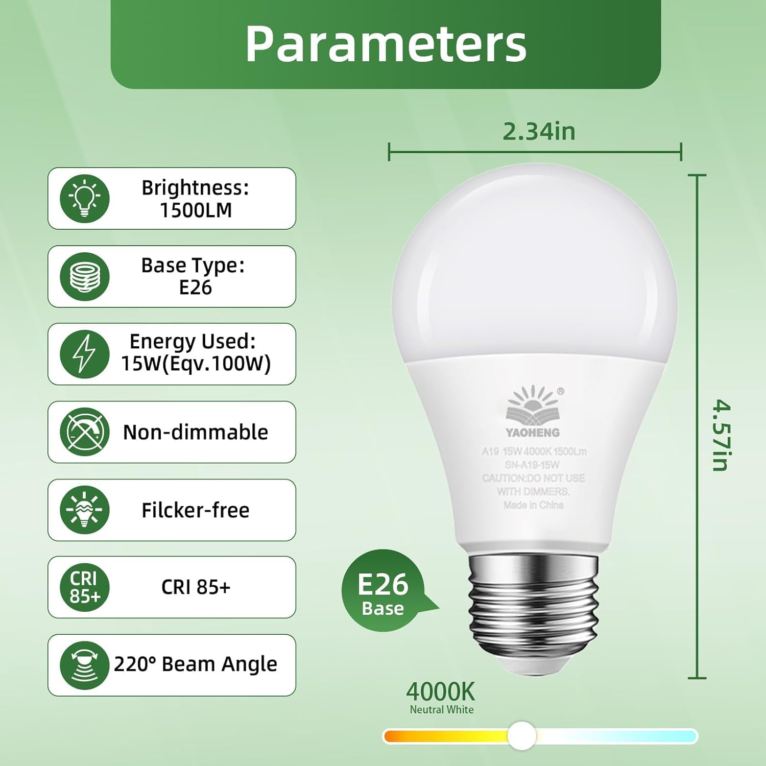 YAOHENG A19 LED Light Bulb, 100W Equivalent, 4000K Neutral White, 1500 Lumens, 15W, E26 Base, Non-Dimmable,